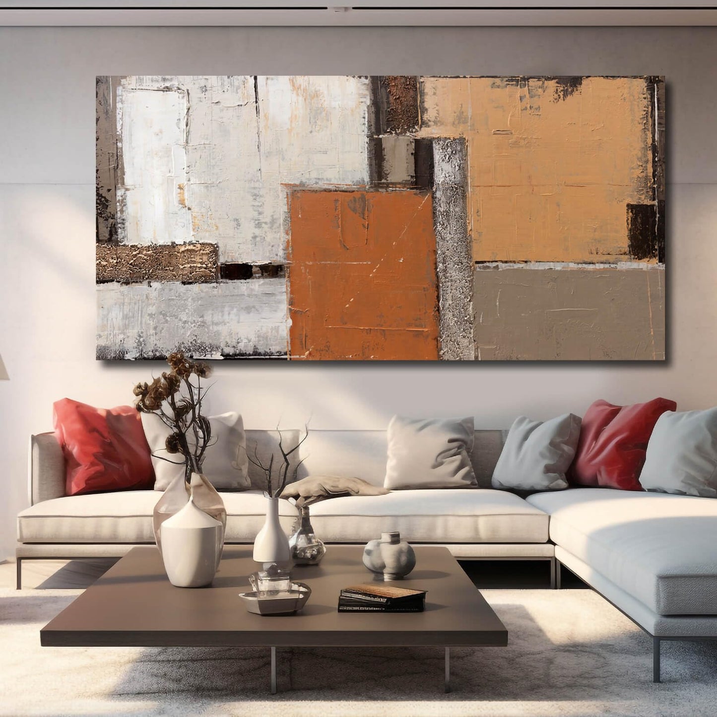 Artexist Orange Abstract Canvas Photo Prints Living Room White Artwork Brown Block Painting for Room 29"x 58" Office Wall Art Bedroom Hallway Decor