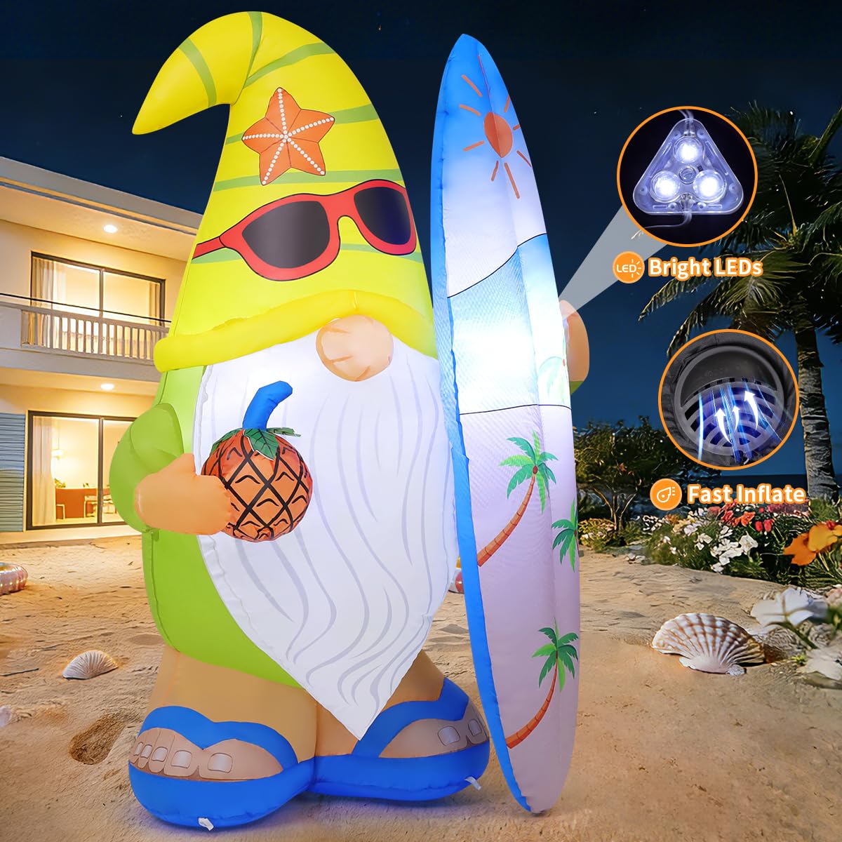 GOOSH 5.2 FT Summer Inflatables Hawaii Gnome Decorations Outdoor Blow Up Yard with Surfboard&Pineapple Built-in LEDs for Garden Lawn Indoor Party Beach Decor