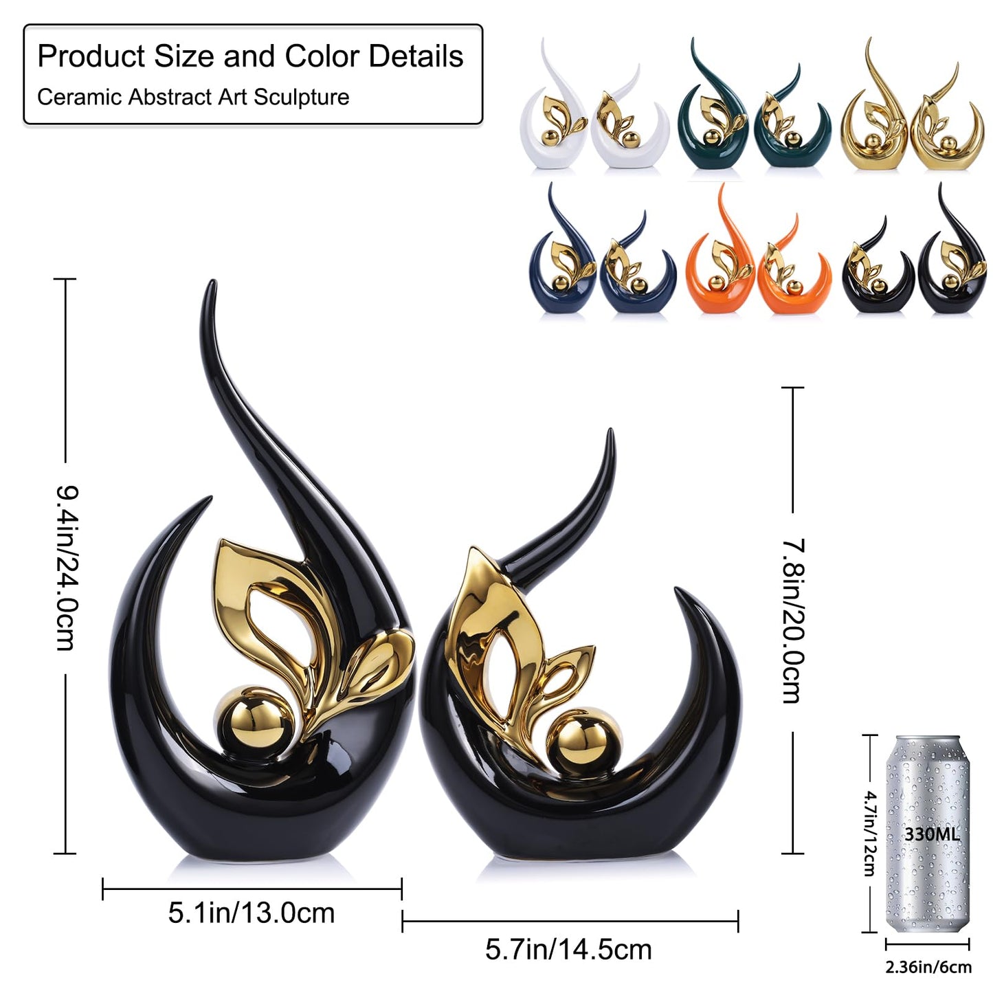 9.4" H Black Gold Abstract Sculptures Home Decor, Ceramic Art Statue Cool Stuff to Put on Shelves&tv Stand Decor, Gold Accent Entertainment Center, for Fireplace Coffee Table Dining Table Decorate