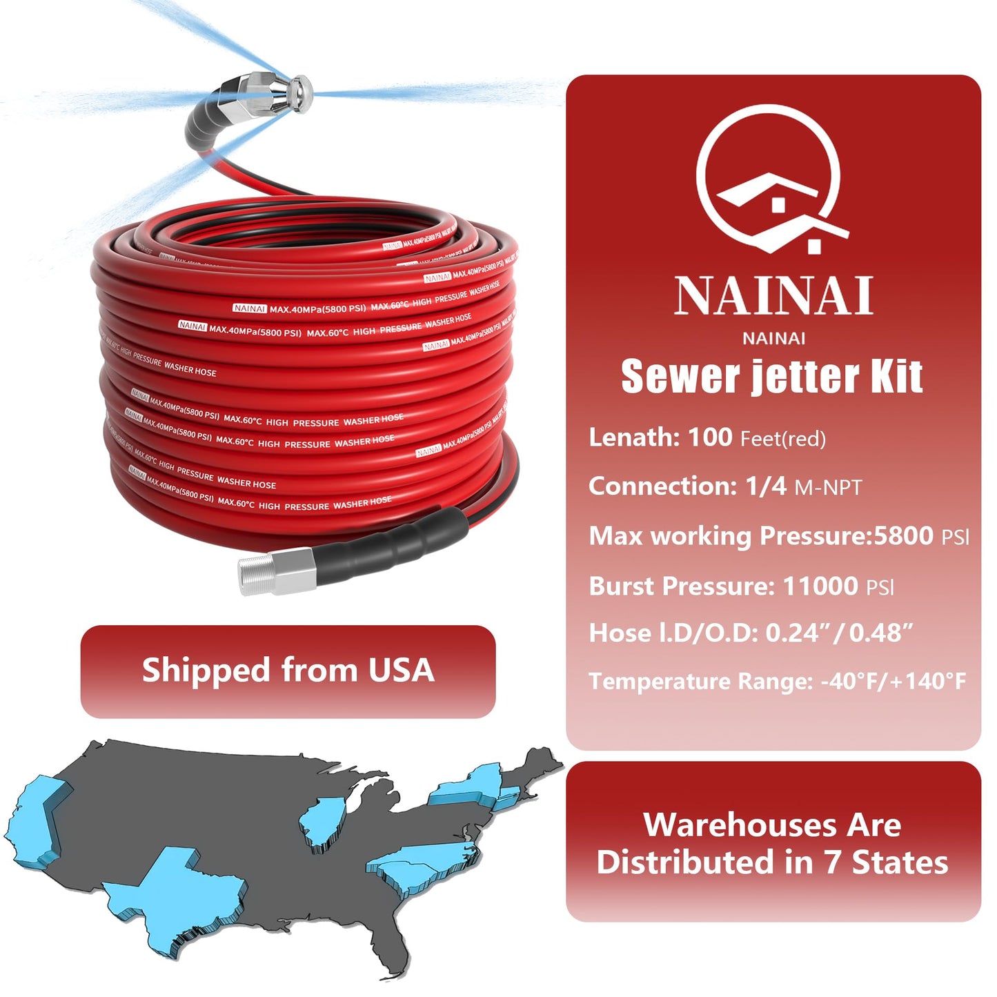 NaiNai 100FT Sewer Jetter Kit for Pressure Washer,1/4 Inch NPT Sewer Jetting Hose,Pressure Washer Drain Cleaner Hose 5800PSI with Sewer Jetter Nozzles, Gloves, Waterproof Tape, Apron (100FT)