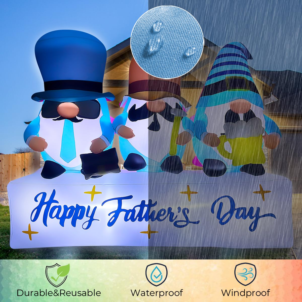 bbioc 7FT Long Inflatable Happy Mother's Day Decorations, Father's Day Inflatable Double Side Decorations, Three Gnomes Built-in LED Lighted Blow Up Decoration Home Yard Outdoor Indoor Decor