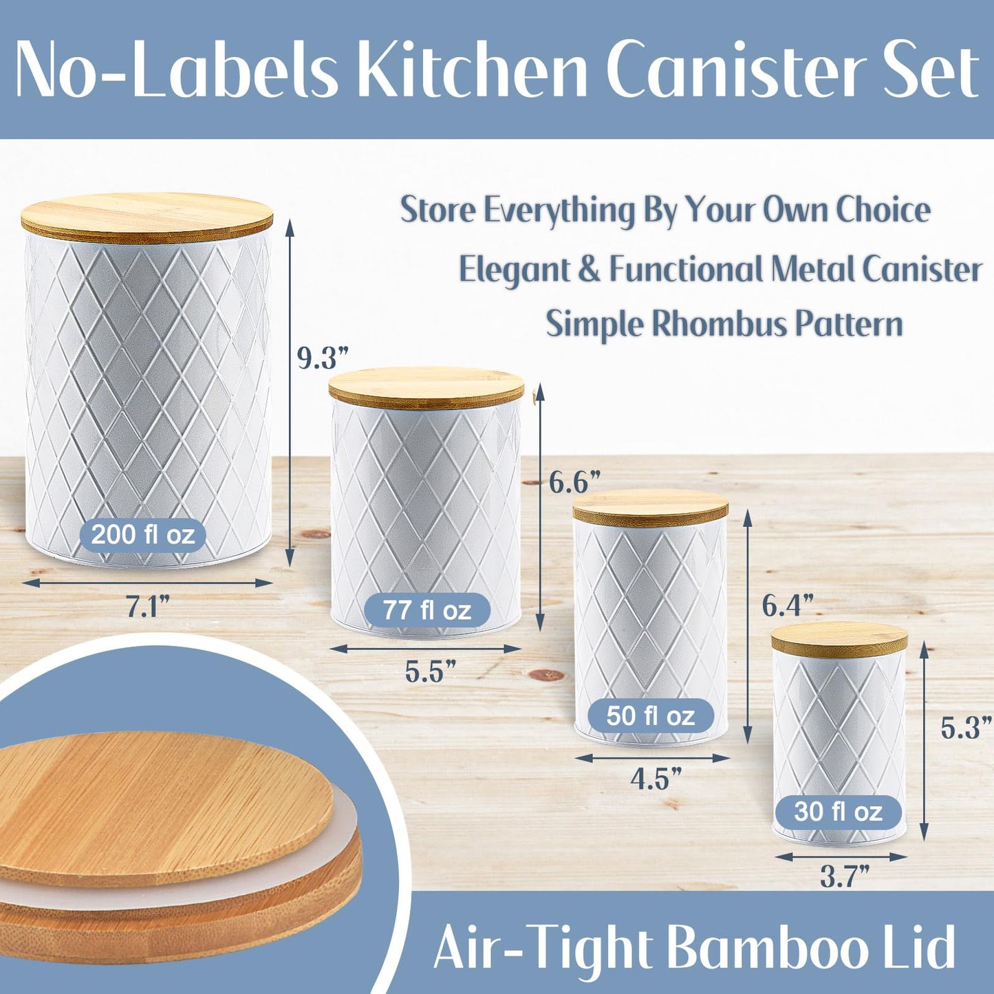 Kazozobi White Kitchen Canisters Set with Bamboo Lids, Airtight Sugar, Flour, Coffee, Cookie Storage Canister Sets for kitchen Countertop, Farmhouse kitchen decor, 4 Pack
