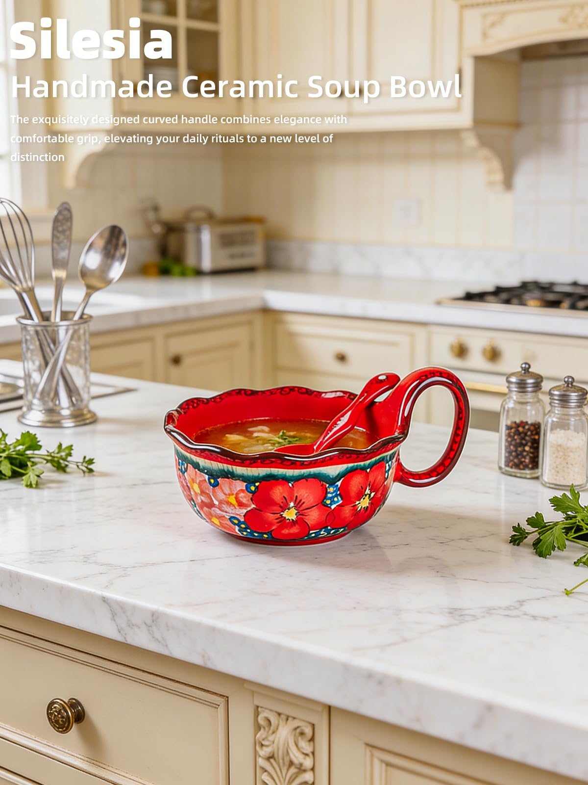 silesia Handmade Ceramic Soup Bowl with Spoon, 30 Oz Hand Painted Bowl with Loop Handle, Floral Design Cereal Bowls for Soup, Ice cream, Snack, Microwave & Dishwasher Safe (Glazed Red)