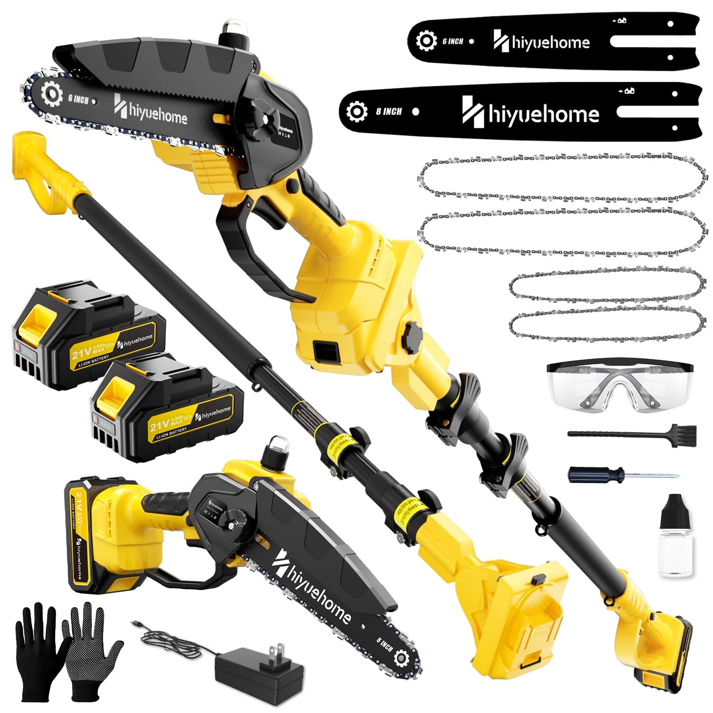 21V Cordless Pole Saw, 4-in-1 180° Rotatable Electric Tree Trimmer with 6/8 Inch Guide Bars,4000mAh Battery & Fast Charger, Telescopic Pole, Brushless Motor for Garden/Farm/Camping