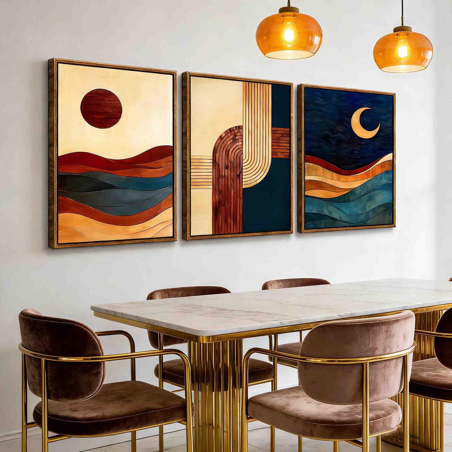 【3-Piece】 16x24 Inch Framed Sun & Moon Modern Abstract Wall Art - Boho Mid-Century Geometric Canvas Decor for Living Room
