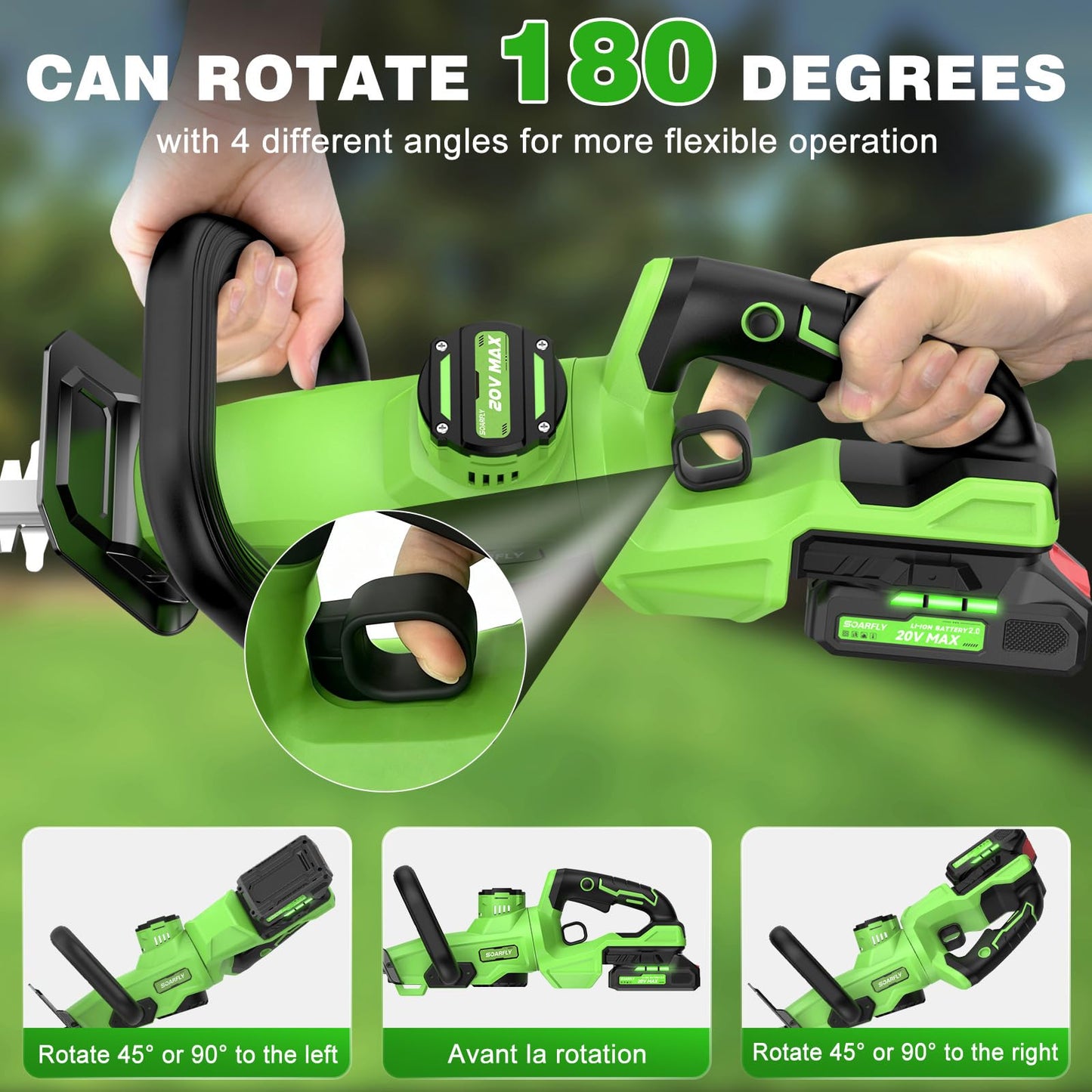 22'' Hedge Trimmer Cordless with Battery 2×2.0Ah, SOARFLY 3000RPM 180° Rotatable Handle Electric Hedge Trimmer, Dual Safety Lock 20V Powerful Bush Trimmers Tree Trimmer for Garden Lawn Yard Pruning