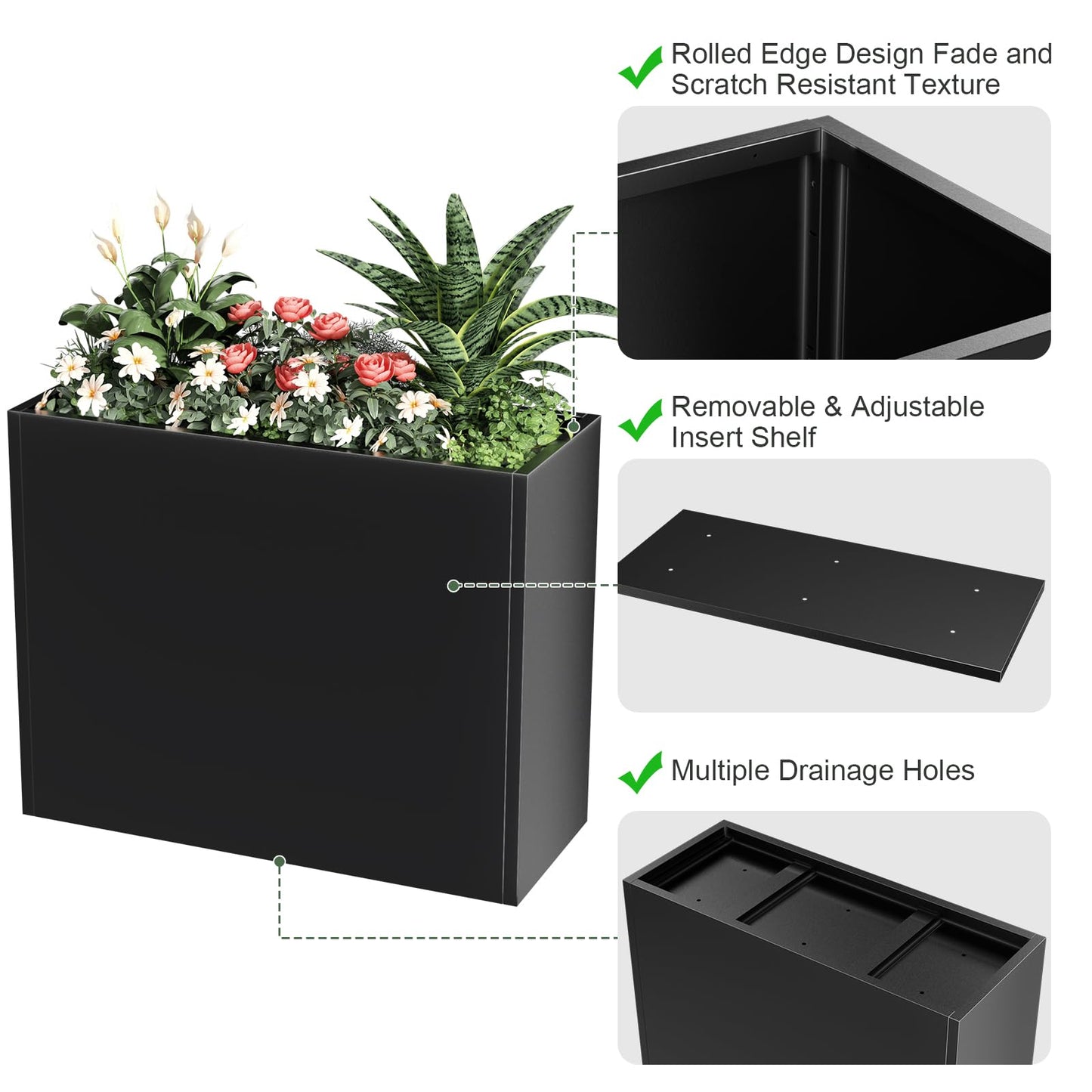 Baotree Metal Large Planter Box 36" L x 12" W x 26" H, Heavy Duty Tall Rectangle Outdoor Planter Box with Removable Insert Shelves for Porch, Garden, Patio, Yard (Black)