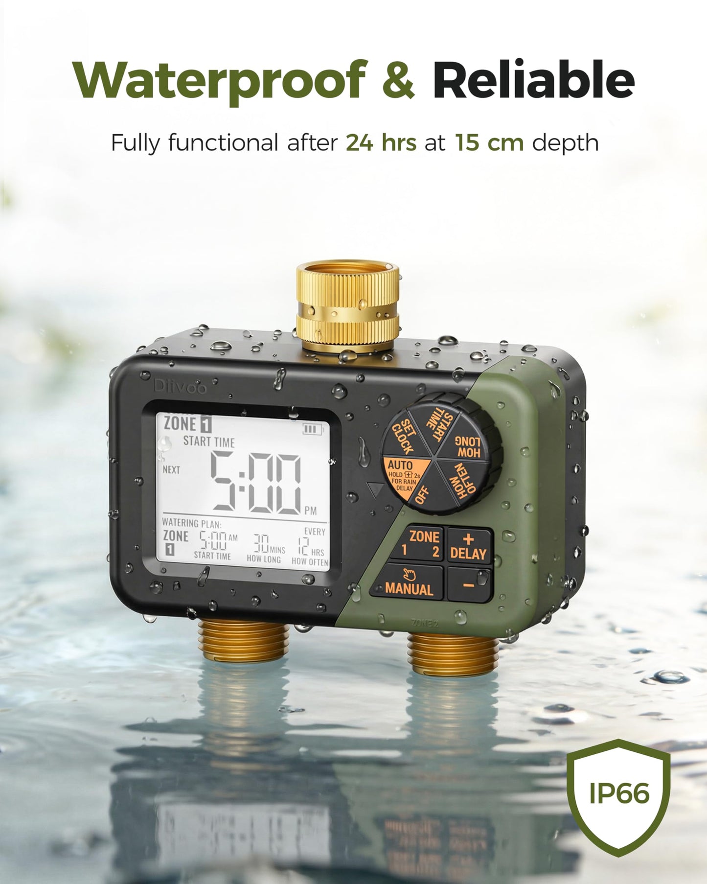 Diivoo Brass Sprinkler Timer 2 Zone, IP66 Waterproof Programmable Water Hose Timer 2 Outlet with Large Display, Rain Delay & Manual Watering for Outdoor Automatic Irrigation of Garden, Lawn, Yard