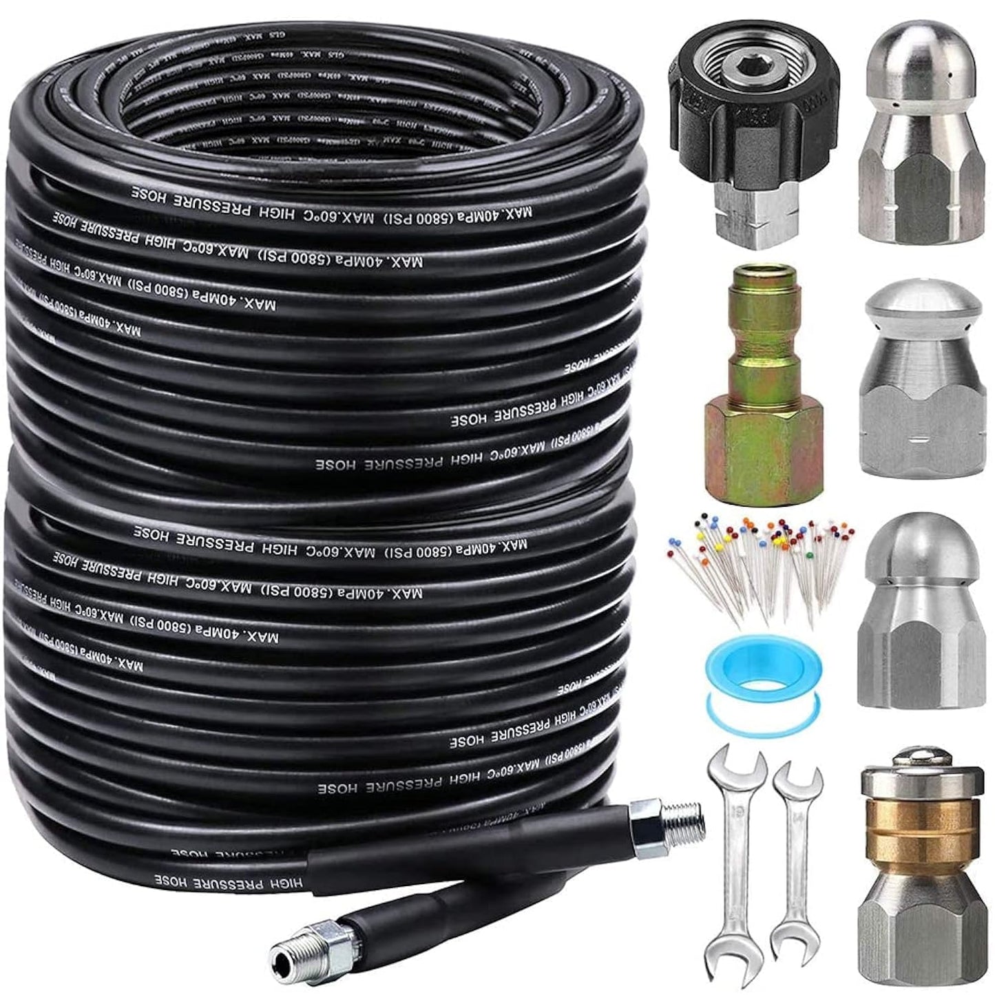 200FT Sewer Jetter Kit for Pressure Washer, 5800PSI Drain Cleaner Hose 1/4 Inch NPT Corner, Rotating and Button Hose Sewer Jetting Nozzle Pearl Corsage Pin Waterproof Tape with 2 Spanner