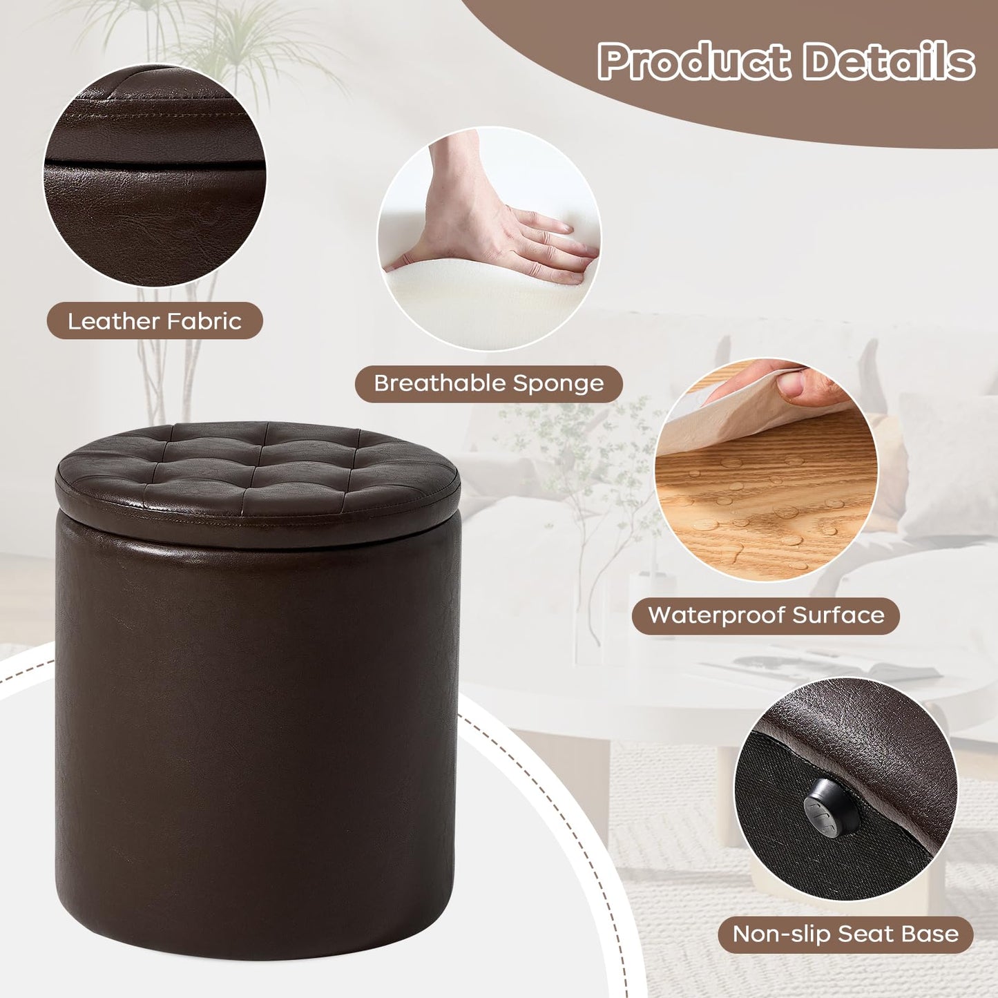oakvivo Round Set of 2 14.76" L x 14.76" W x 17.32" H Faux Leather Ottoman with Storage, Small Foot Rest Storage Ottomen with Lid Living Room, Bedroom Vanity Stool Chair, Coffee
