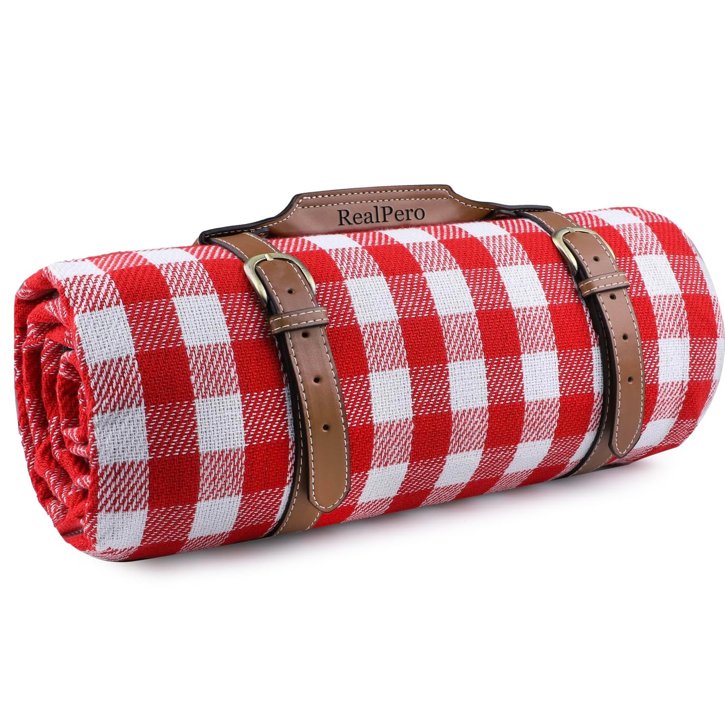 RealPero Extra Large Picnic Blanket, 80"x60" Waterproof Sandproof Beach Mat, Soft Foldable Outdoor Camping Mat with PU Carrier, Red White Plaid Portable Mat for Lawn, Grass, Travel & Park