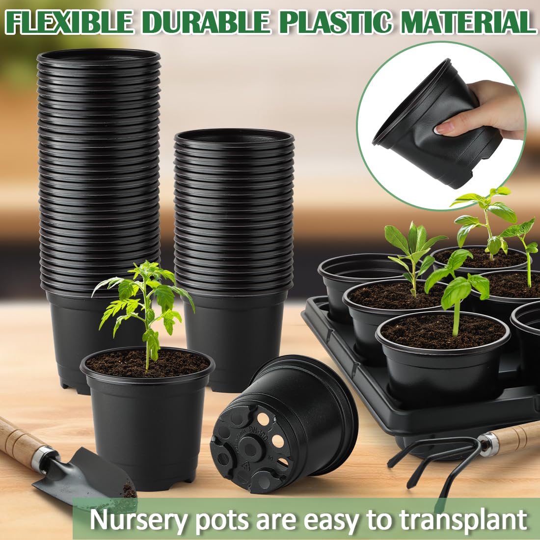RooTrimmer 4 Inch Plastic Plant Pots 60 Pcs and 12 Cell Nursery Pots Trays 5 Pcs, Thick Sturdy Seeds Starting Germination Shuttle Carrying Trays, Black Small Planter Nursery Propagation 5 Sets