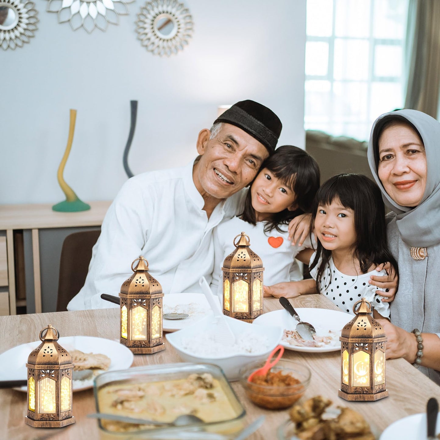 Retisee 4 Pcs 7" Ramadan Large Eid Mubarak Lantern Moon Star Hanging LED Lantern for Home Patio Table Wedding Centerpiece Festival Decoration (4 Styles,Bronze Gold)