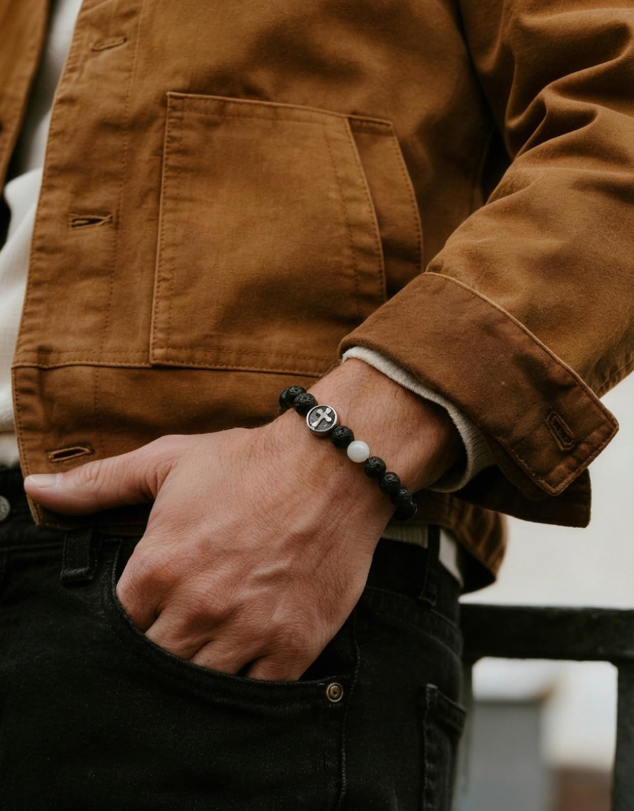 Landorilo Gifts for Men, 8mm Cross Natural Stone Beaded Bracelets, Volcanic Rock Healing Bracelet, Handmade Mens Jewelry Gift for Him, Husband, Son, Father, Friend(Happy Birthday-7.5in)