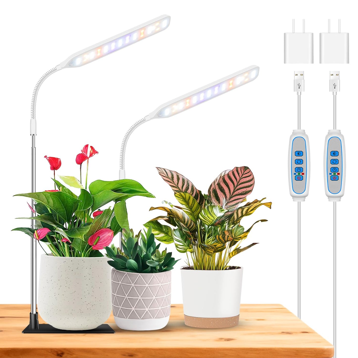 Wolezek Grow Lights for Indoor Plants, 52 LEDs Full Spectrum Plant Grow Light with Base, Height Adjustable Grow Lamp with Auto Timer 6/12/16H, 5 Dimmable Brightness, for Small Plants, White, 2-Pack