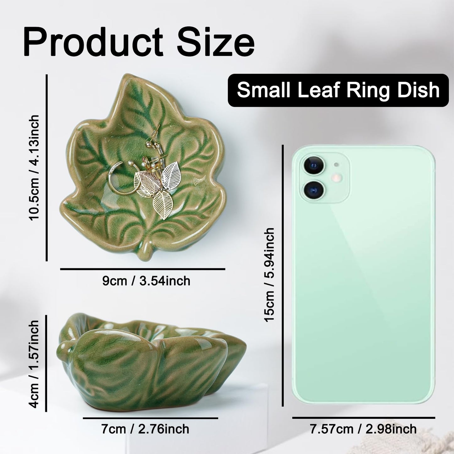 Zaposcca Jewelry Tray, Ceramic Leaves Jewelry Dish, Ring Holder Dish, Small Trinket Tray, Washable Key Bowl(Green)