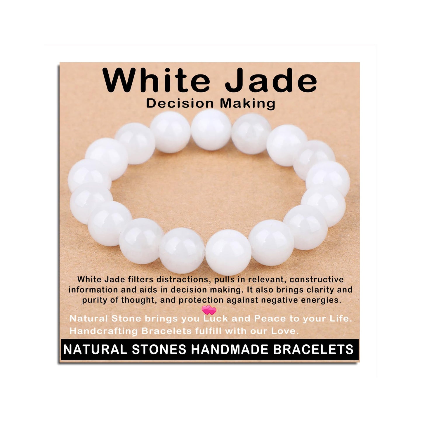 AD Beads Handmade Gemstone Stretch Elastic Bracelet Crystal Healing Reiki Nature's Beauty and Spiritual Essence Unisex (12mm, White Jade (Decision Making))