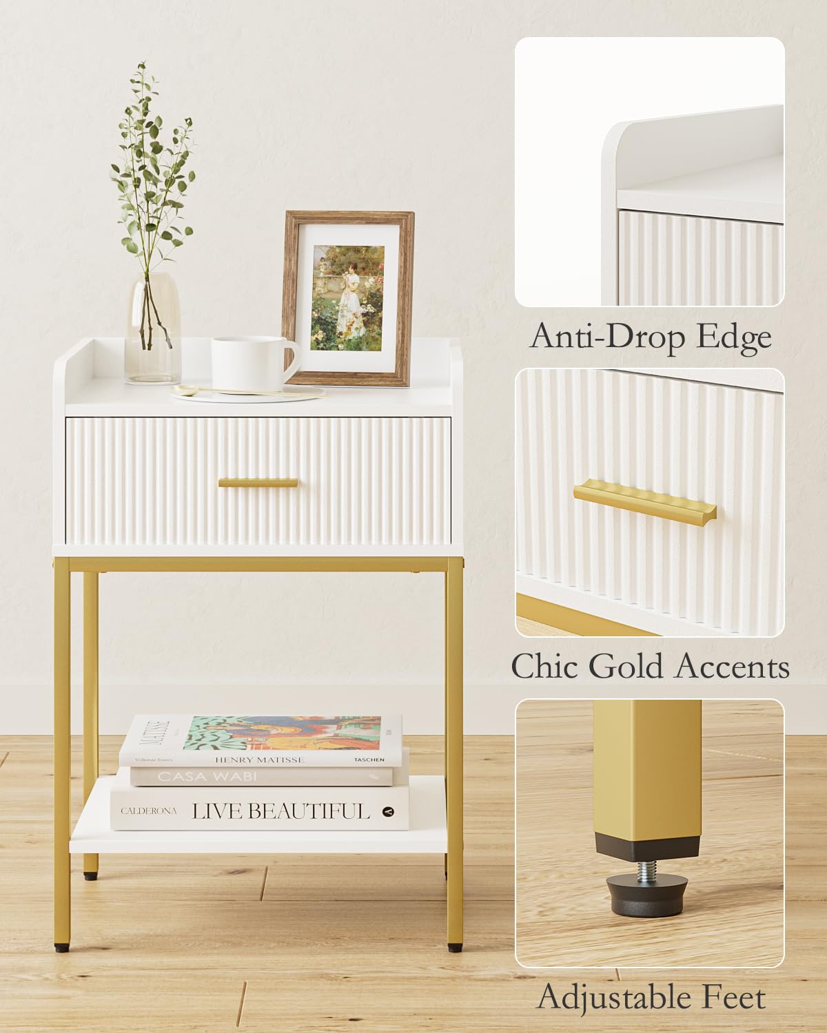 Apetaccat Night Stand, 3-Tier Bed Side Table, Small End Table, Nightstand with Open Shelf and Drawer, Bedside Table for Bedroom, Living Room, White