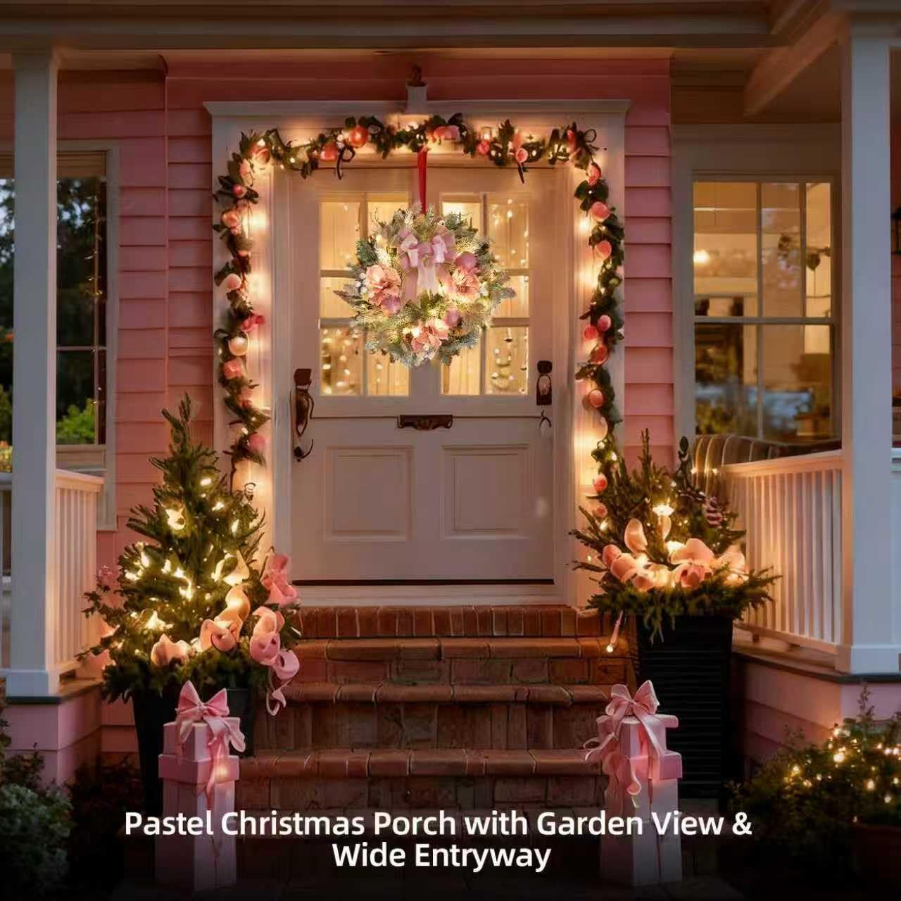 22inch Christmas Pink Wreath for Front Door with 30 LED Lights,Elegant Magnolia Christmas Door Wreath,Festive Holiday Decor, Frosted Winter Pink Decorations for Wedding