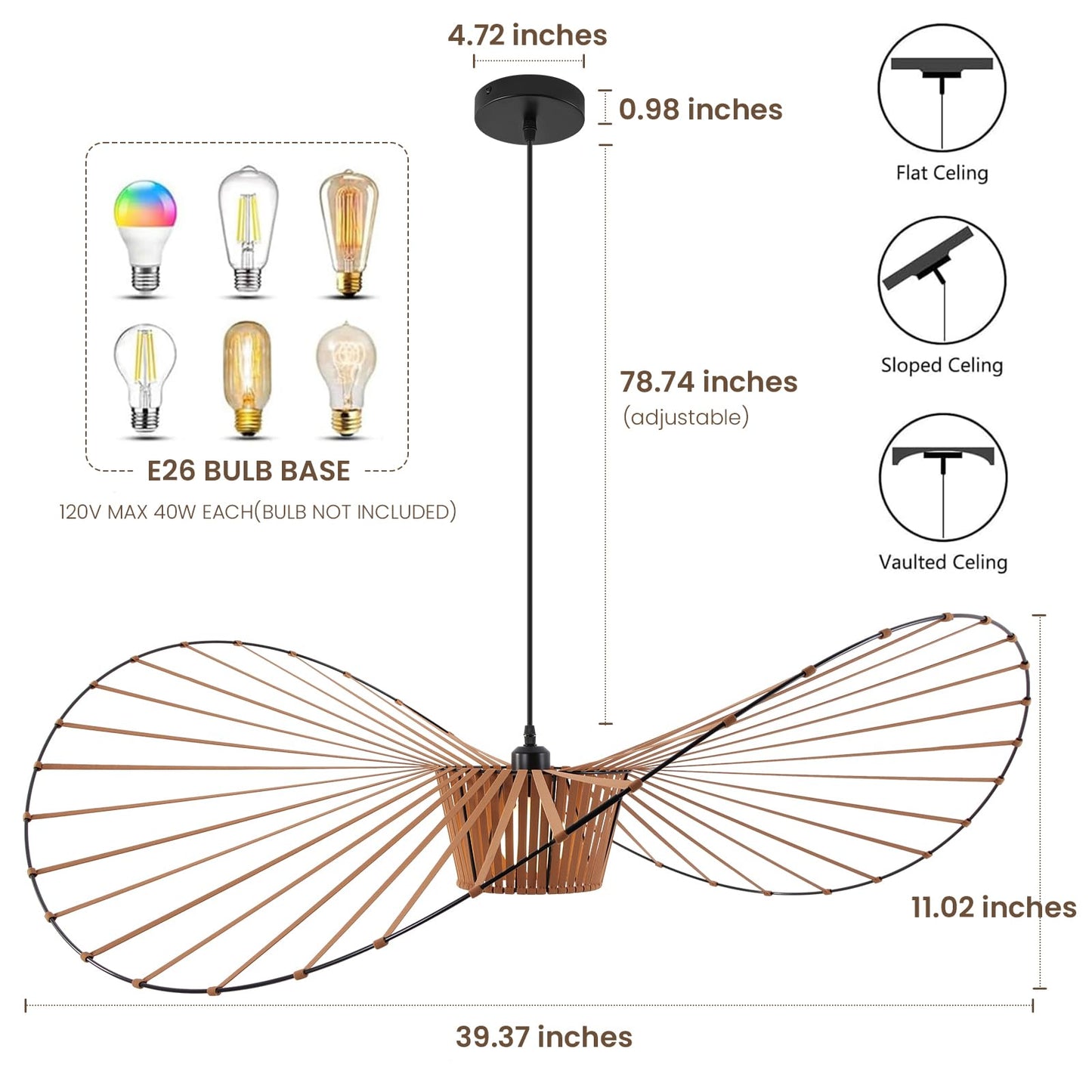Brown Woven Chandelier, D39" Creative Straw Hat Shape Pendant Light Fixtures, Stretch Fabric+Fiberglass Material, Modern Boho Large Chandeliers, Suitable for Living Room, Bedroom, Dining Room, Office
