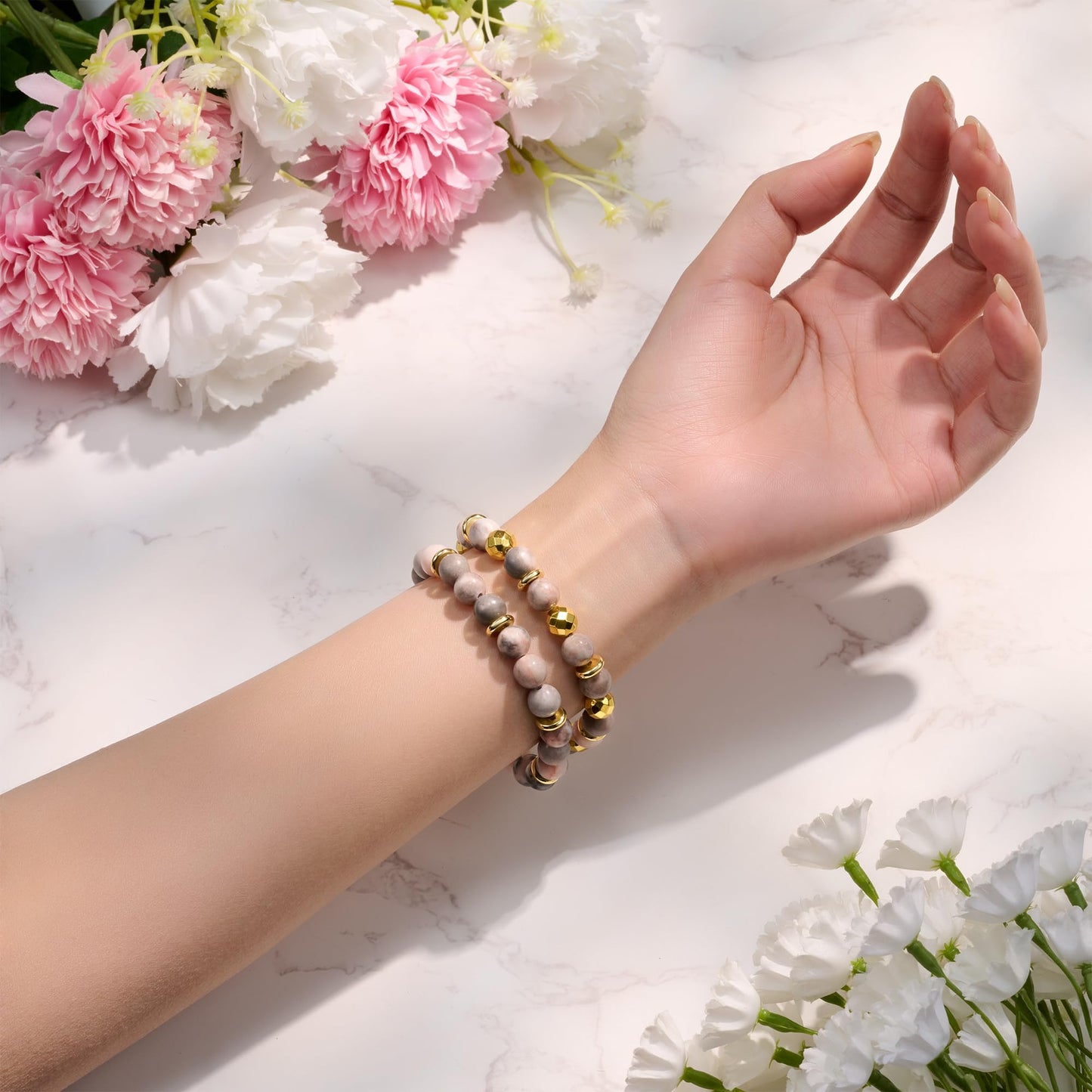 Bivei Natural Gemstone Semi Precious Crystals Handmade Stretchy Round Beads Bracelet, Enhance Positive Energy,Stocking Stuffers for Women(Gold Tone Pink Jasper & Sakura Agate(Love) Medium)