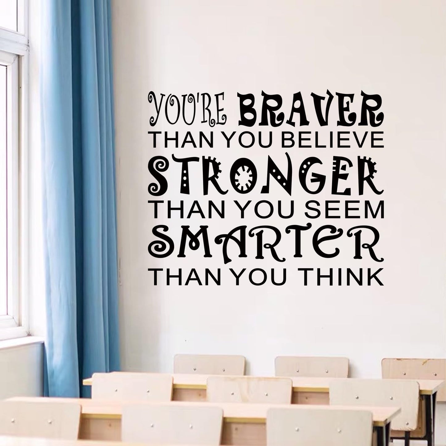 Kids Quotes Wall Stickers for Classroom: Girls Boys Teen Motivational Positive Inspirational Vinyl Art Wall Decals for Playroom School Bedroom - You're Braver Than You Believe Stronger 18" X 15"
