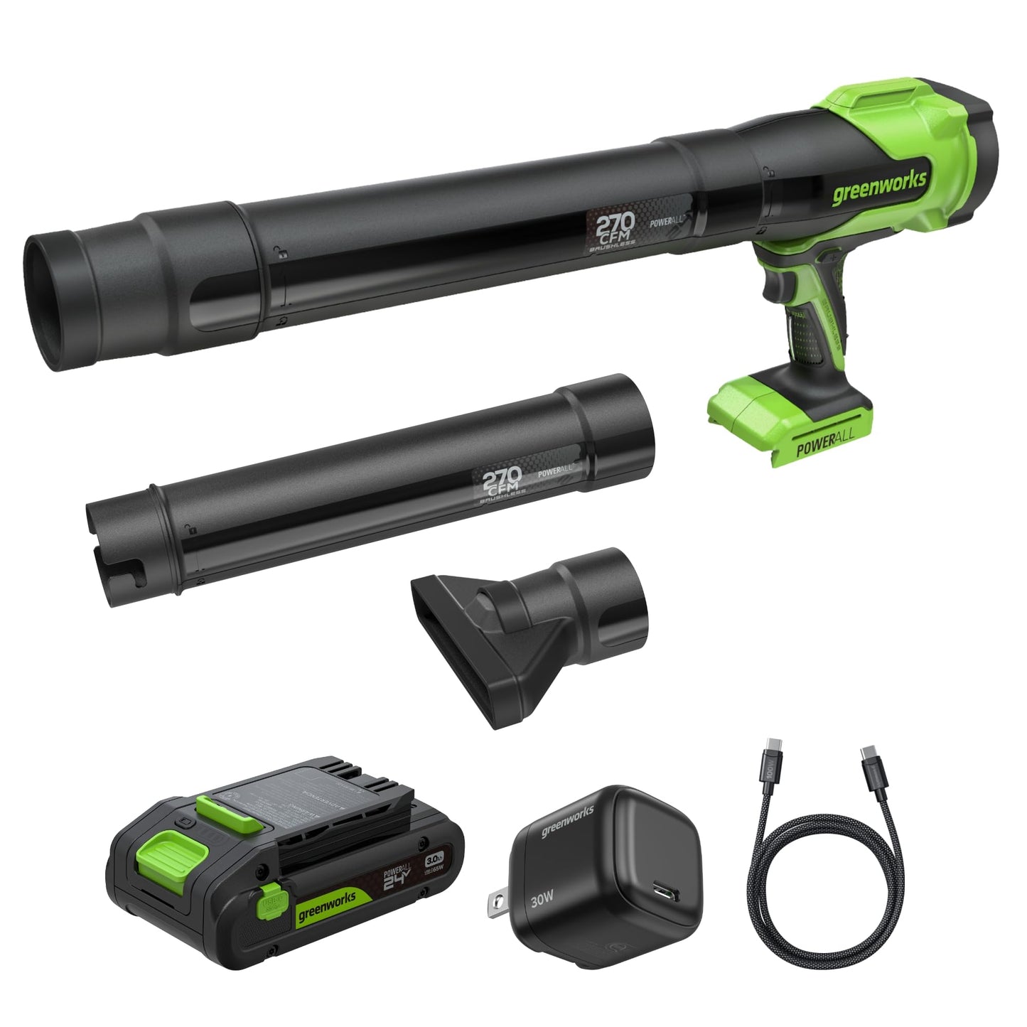 Greenworks 24V (270 CFM / 130 MPH) Brushless Compact Leaf Blower, Powerful for Yard, Patio, Deck and Driveway Cleanup, Includes 3.0Ah USB-C Battery and GaN Charger