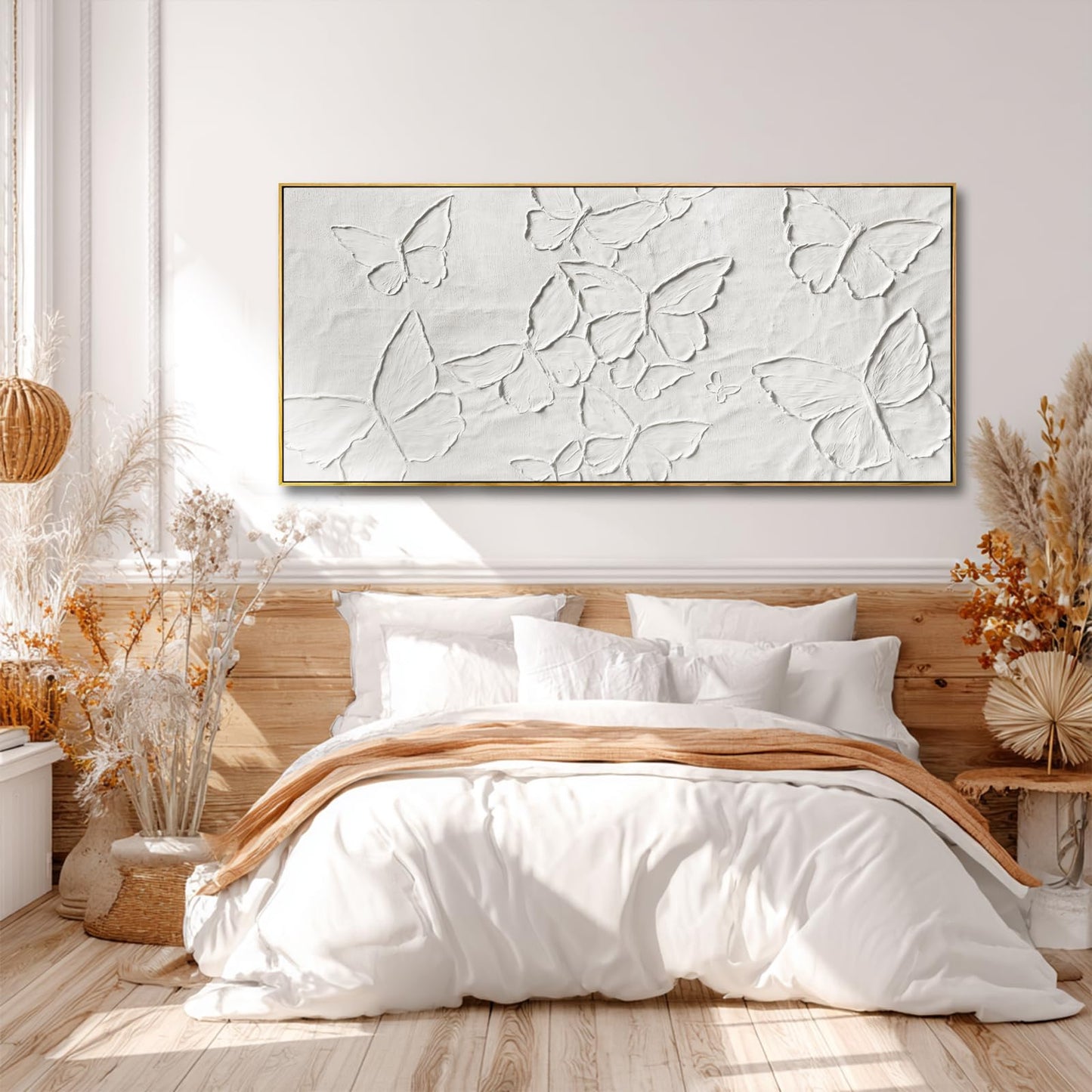 Hand-painted Butterfly Canvas Wall Art, 32x70 Inch White Abstract Framed Artwork for Living Room Decor