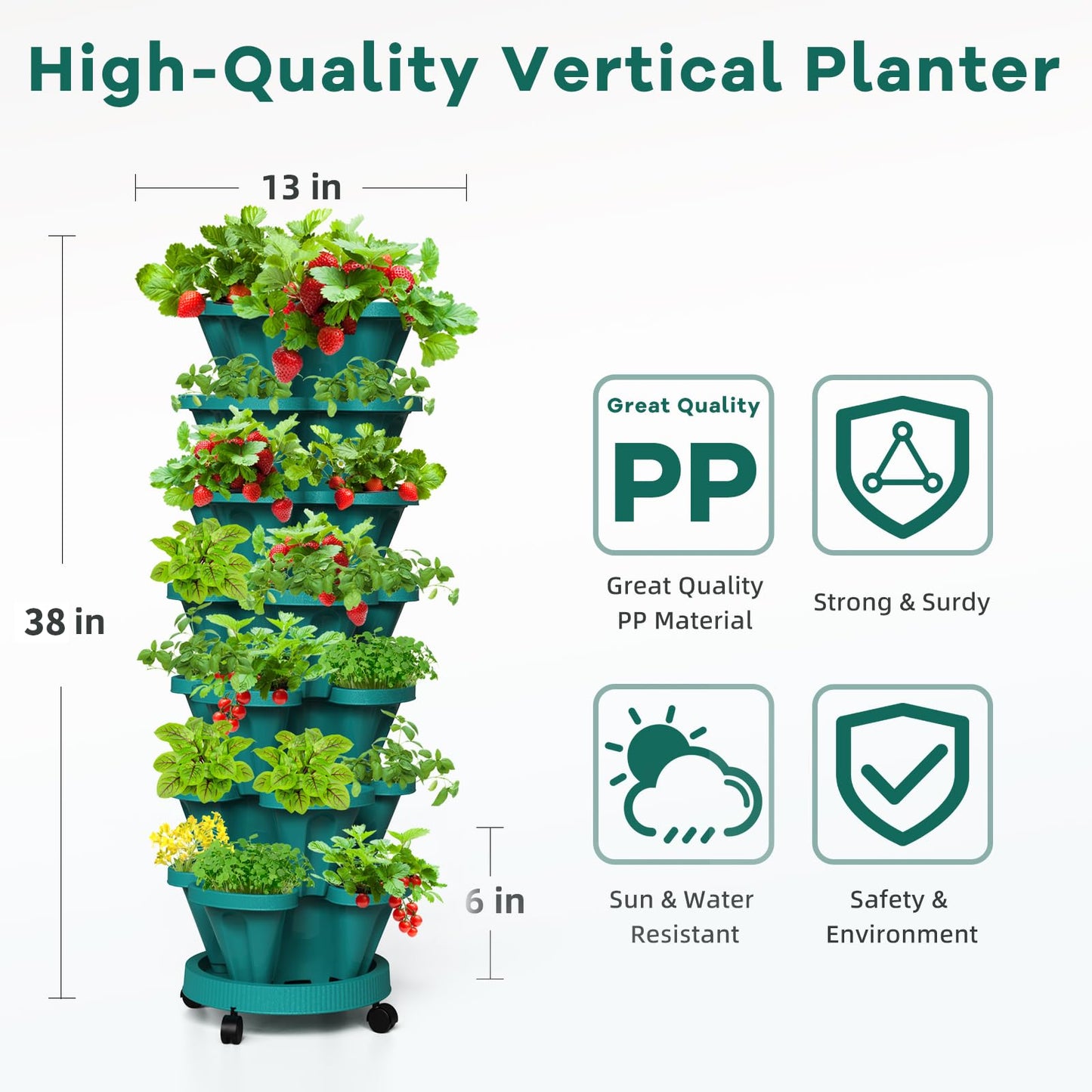 Tectsia Strawberry Vertical Planters Tower Garden 2 Pack, 7 Tiered Stacking Herb Vegetable Planter with Support Pole Indoor and Outdoor - Hunter Green