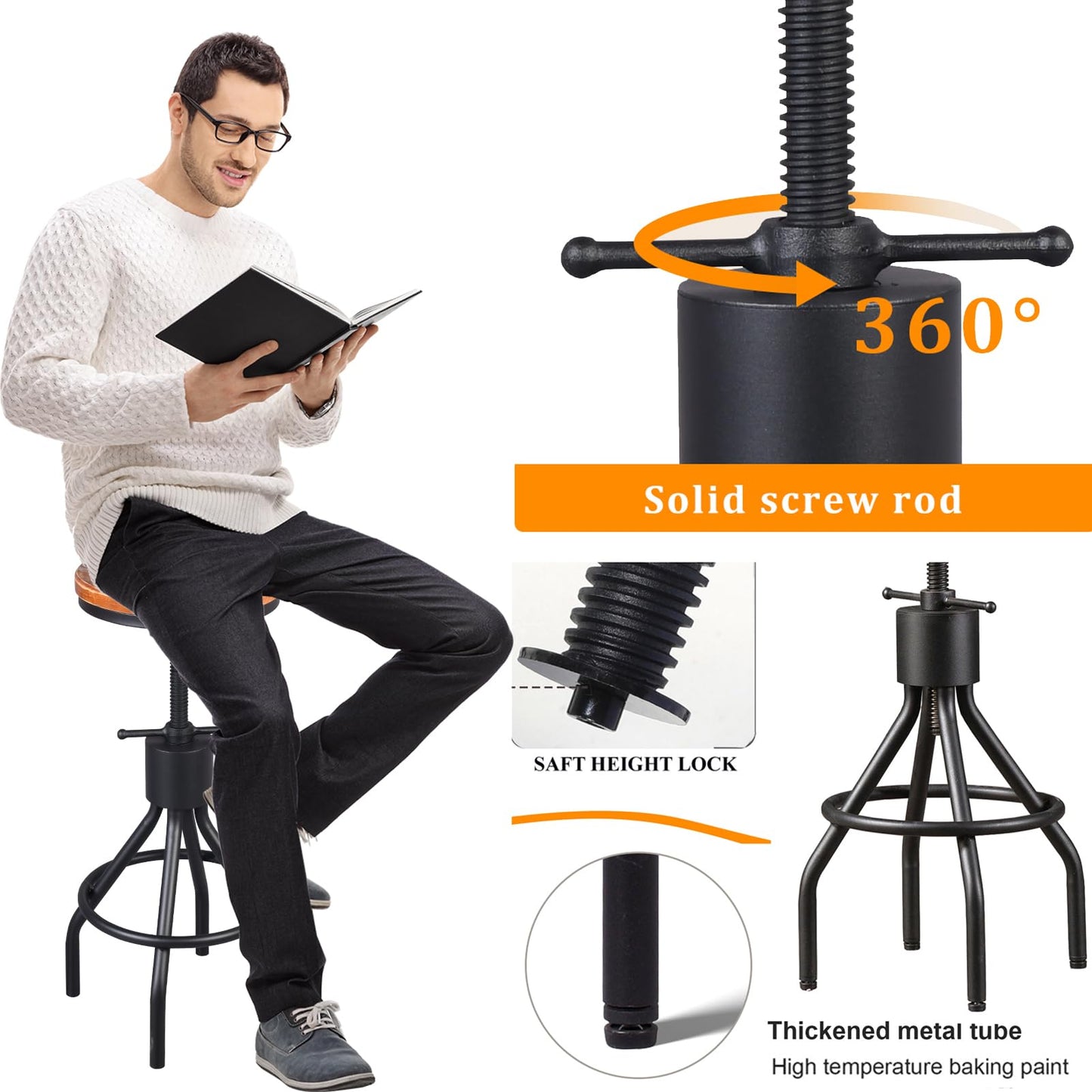 LOKKHAN Set of 2 Industrial Bar Stool-Height Adjustable Swivel Wood and Metal Bar Stool,Farmhouse Stool,Extra Tall Pub Height,23"-29"