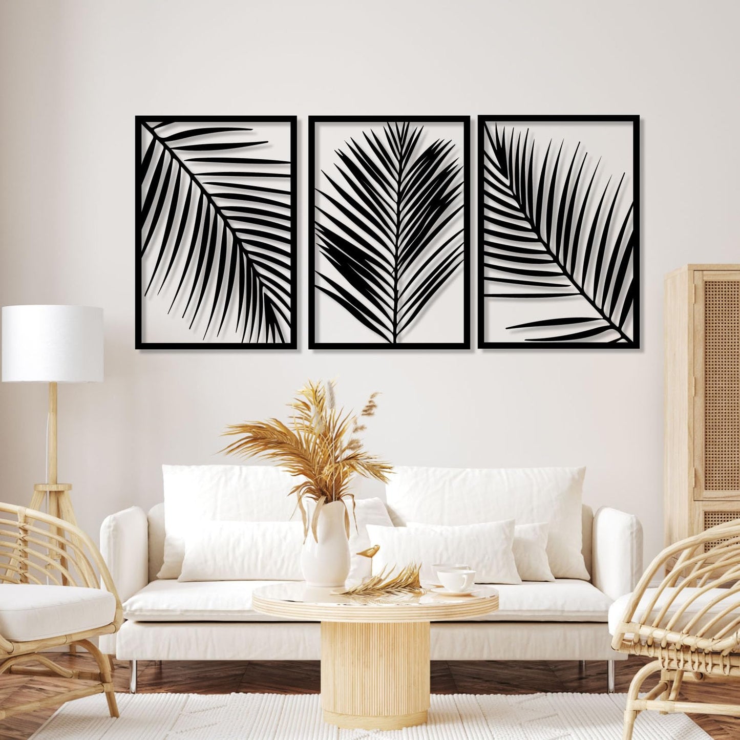 Gasijet Metal Palm Leaves Wall Decor, Metal Leaves Wall Decor, Palm Leaf Art, Line Art Nature Plant Wall Art, Set of 3, Wall Decorations for Living Room, Bedroom (White, 39 x 19 in / 96 x 47cm)