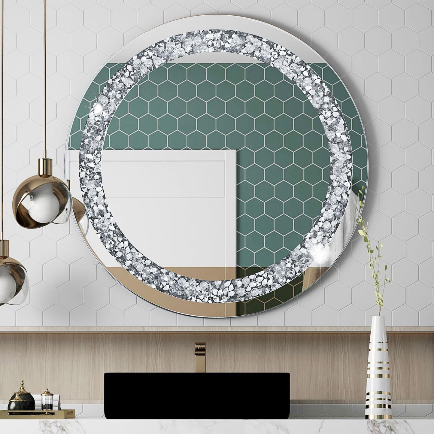 24 Inch Crushed Diamond Round Glass Wall Mirror, Bathroom Mirror, Wall Decoration Hanging Mirror, Suitable for Living Room, Bedroom, Vanity