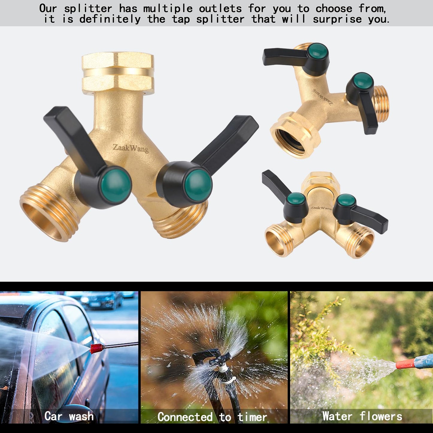 Heavy Duty Solid Brass Y-Way Distributor, 3/4" GHT Thickened Hexagonal Water Inlet, Garden Faucet Splitter, Hose Splitter with 2 More Colors Comfortable Extension Handles.