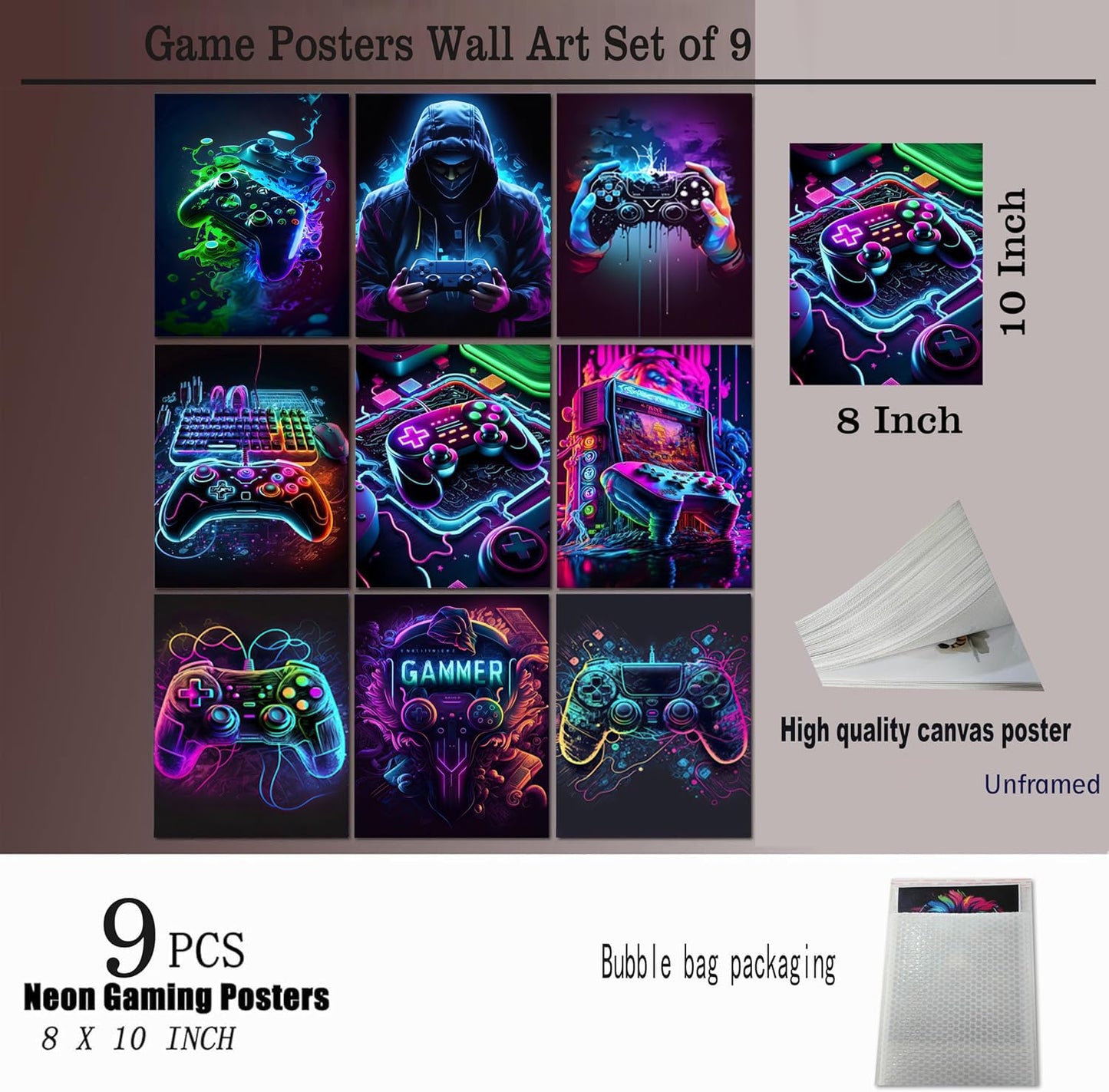 Ucninvd Game Posters Wall Art Set of 9, Neon Gaming Wall Decor Game Room Decor Paintings, Video Gamer Accessories Canvas Picture Prints for Boys Gamer Teen Room Bedroom Decor 8x10In Unframed