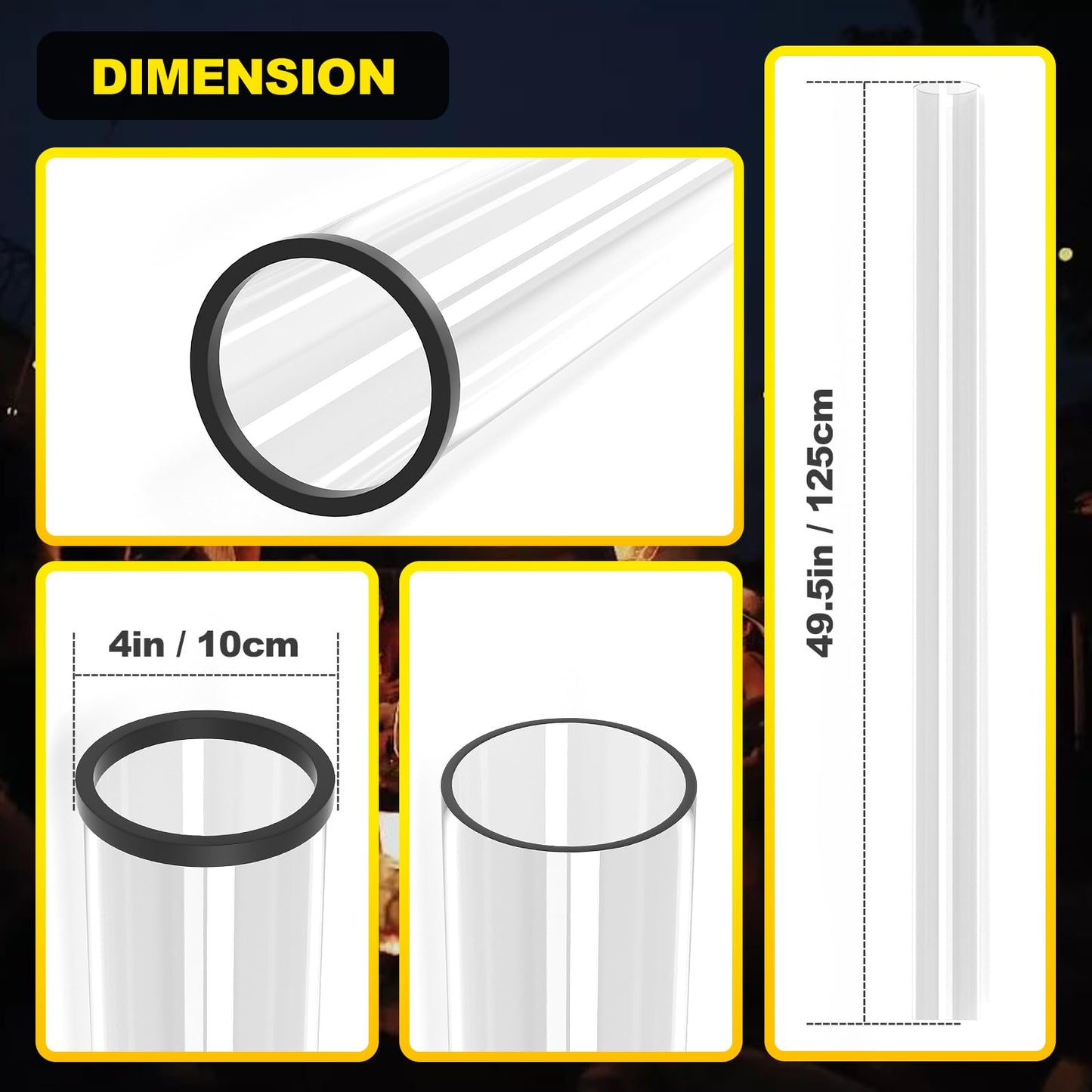 Patio Heater Glass Tube Replacement with Rubber Ring, 49.5″ Tall 4″ Diameter, Quartz Glass Tube Fit Four-Sided Pyramid Flame Outdoor Heaters Compatible with Hiland, Fire Sense