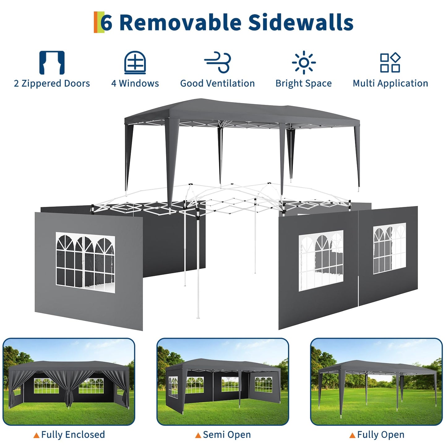10x20 Pop Up Canopy Tent with 6 Removable Sidewalls, Heavy Duty Easy Up Commercial Party Tent with 3 Adjustable Heights, Waterproof Outdoor Canopy for Events, Wedding & Market, Includes 18 Stakes and