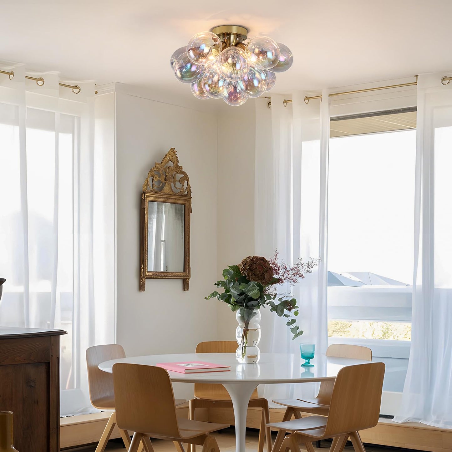 GoYeel Semi Flush Mount Ceiling Light Gold, Colorful Bubble Light Fixture Kitchen 17.7in Mid Century Modern Chandelier Small Glass with 13 Globe for Kid Room Girls Room Foyer Living Room