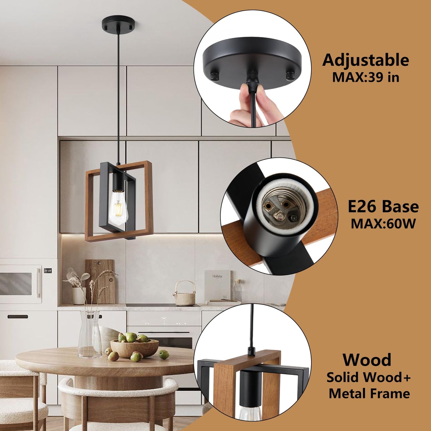 9MMML Industrial Small Pendant Lighting, Farmhouse Kitchen Island Hanging Lamp with Cord, Wood+Metal,1 Light E26 Fixture for Dining Room Bedroom Hallway Entryway,9.5 inch