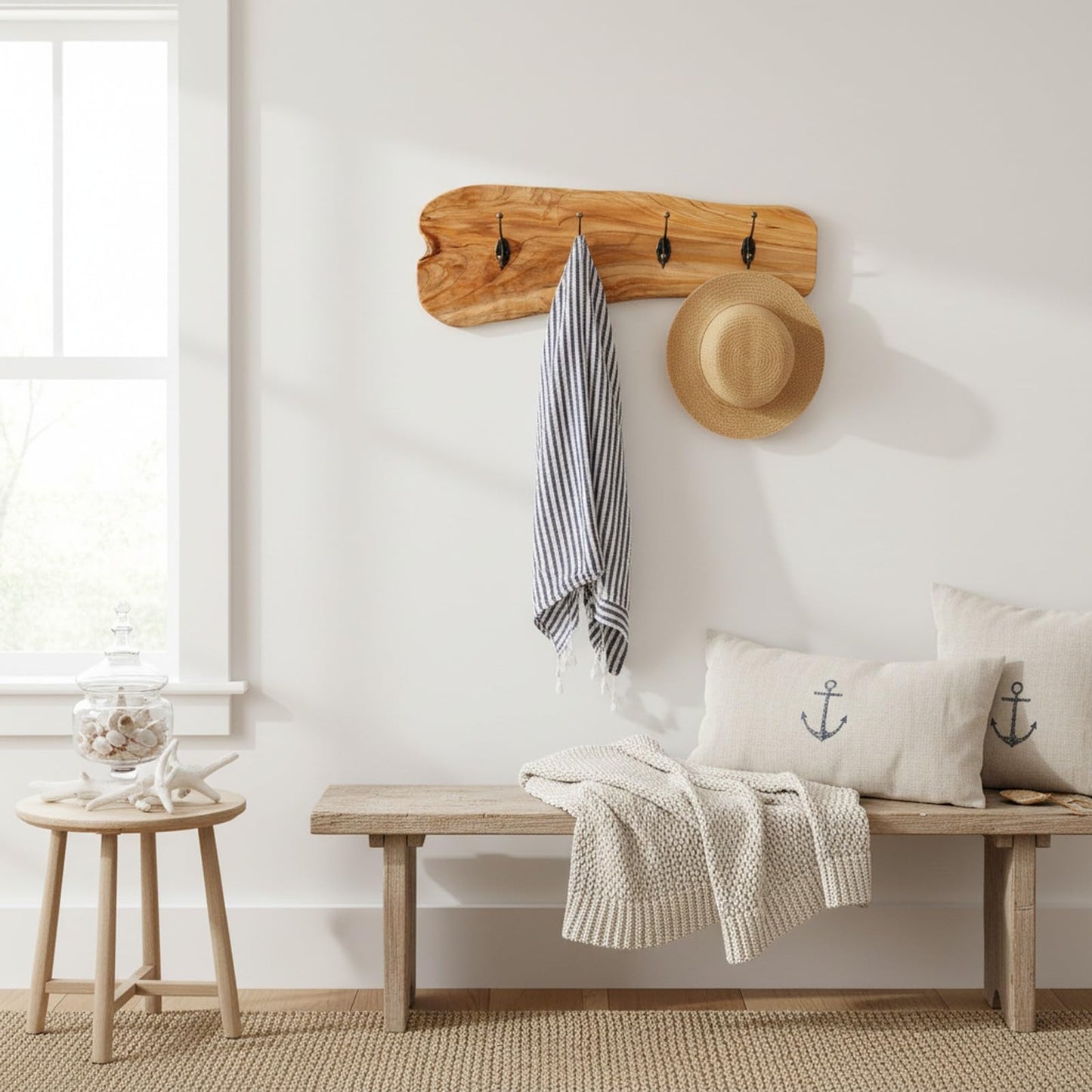 WELLAND Rustic Cedar Wooden Coat Rack with 4 Hooks, Heavy Duty Wood Decorative Wall Hooks for Hanging Coats, Key, Cap
