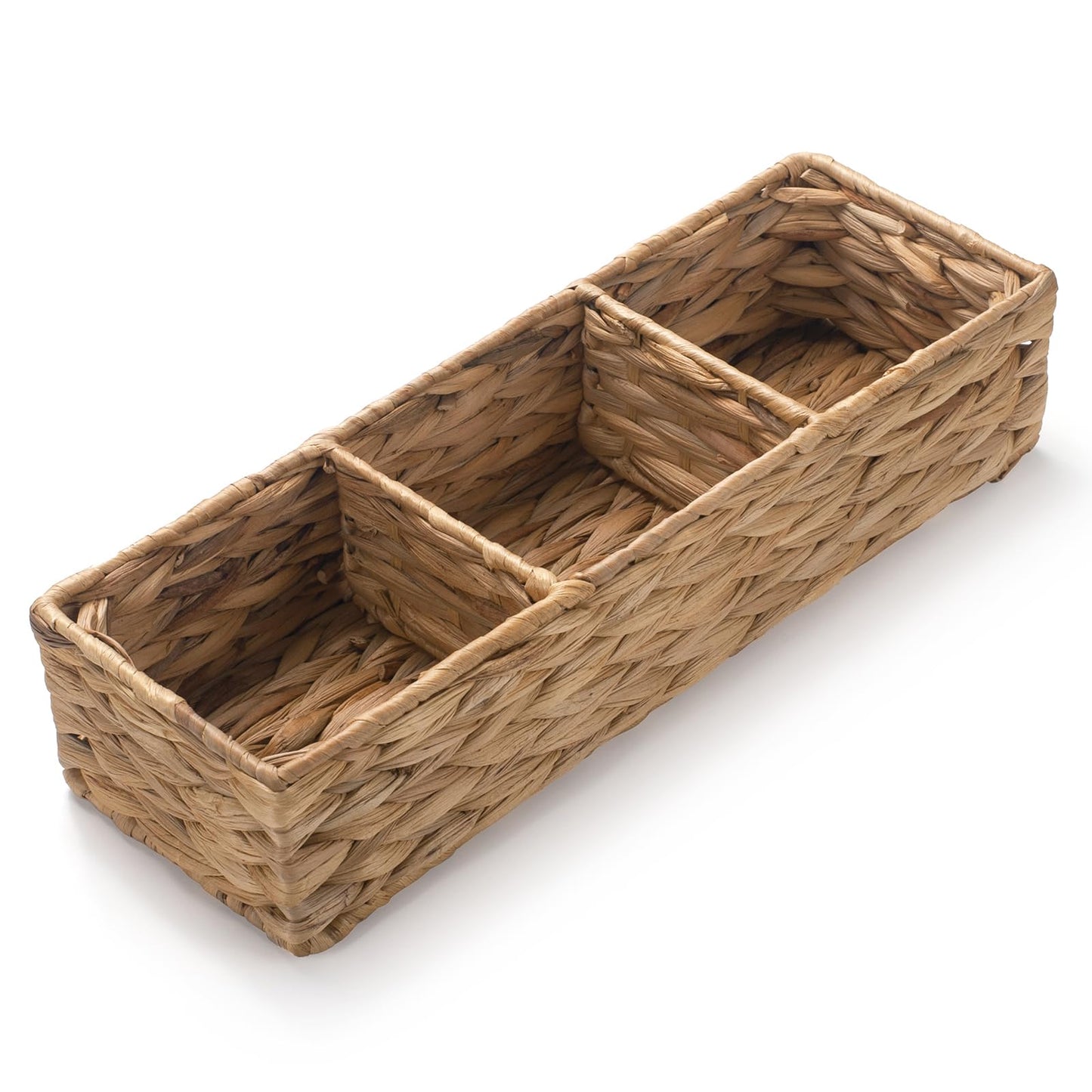 Wicker Bathroom Basket with 3 Compartments, Water Hyacinth Toilet Tank Basket, Woven Storage Box for Bathroom Organizer (14.6 x 4.7 x 3.1 inch)