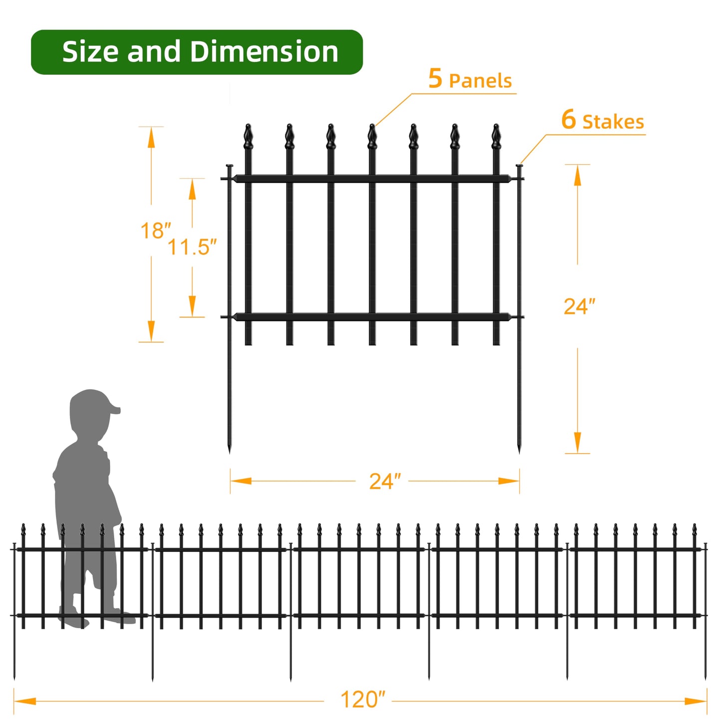 FOREHOGAR Decorative Metal Garden Fence 18 in H x 10 ft L, Small Border Roman Column Deco, Barrier Fencing for Yard Flower Bed Lawn Landscape Outdoor, 5 Panels + 6 Stakes Black