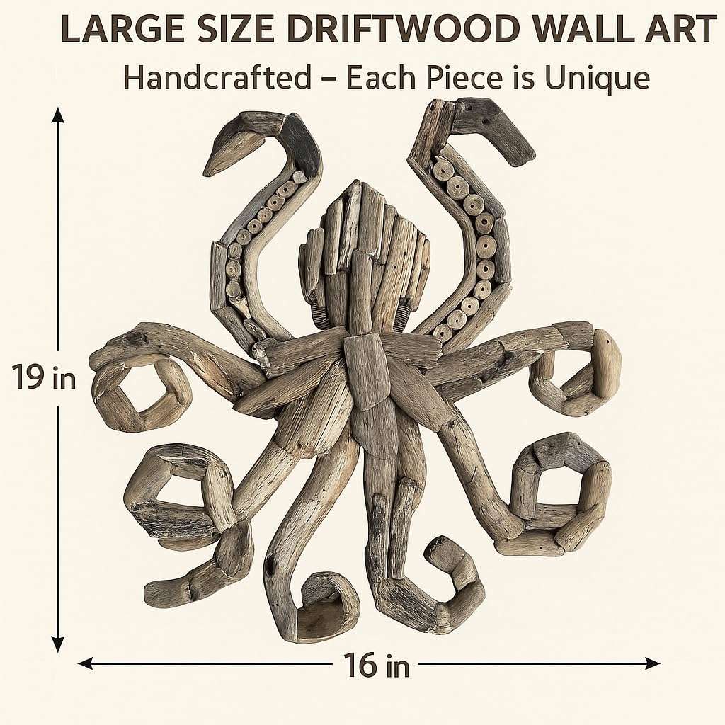 OMA Driftwood Octopus Wall Art – Handcrafted Coastal Beach & Rustic Farmhouse Style Driftwood Wall Decor for Home, Living Room, Bathroom, Beach House – Large Size