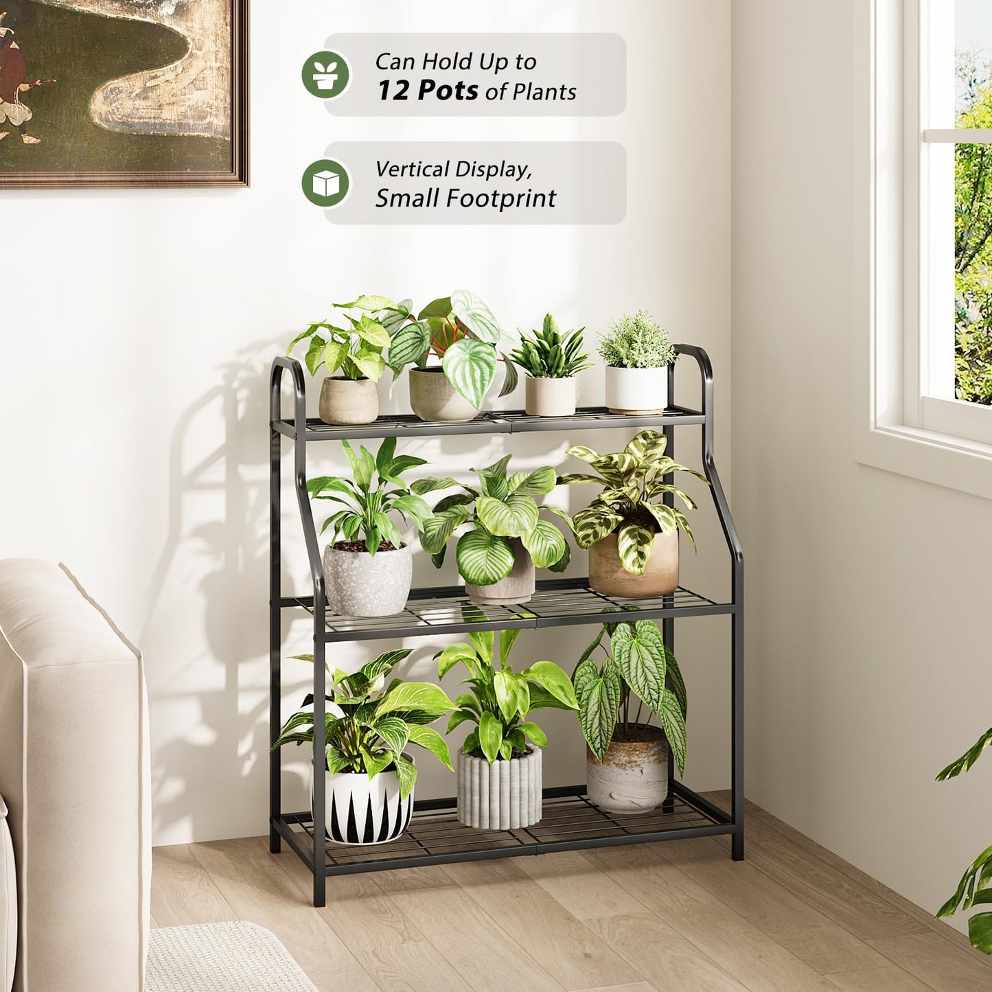 GENTINGBRO Plant Stand Outdoor 3 Tier Plant Stand Metal Plant Stands Waterproof Plant Holder Rack for Indoor Use Robust Flower Stand Plant Shelf for Living Room Balcony Garden Black