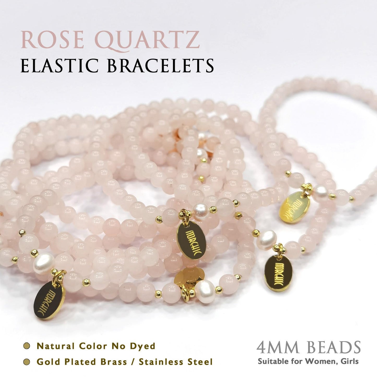 Morchic 4mm Natural Rose Quartz Gemstone Beads Stretch Bracelet for Women, With Freshwater Pearls, Energy Gem Birthday Gift for Her 7.2”