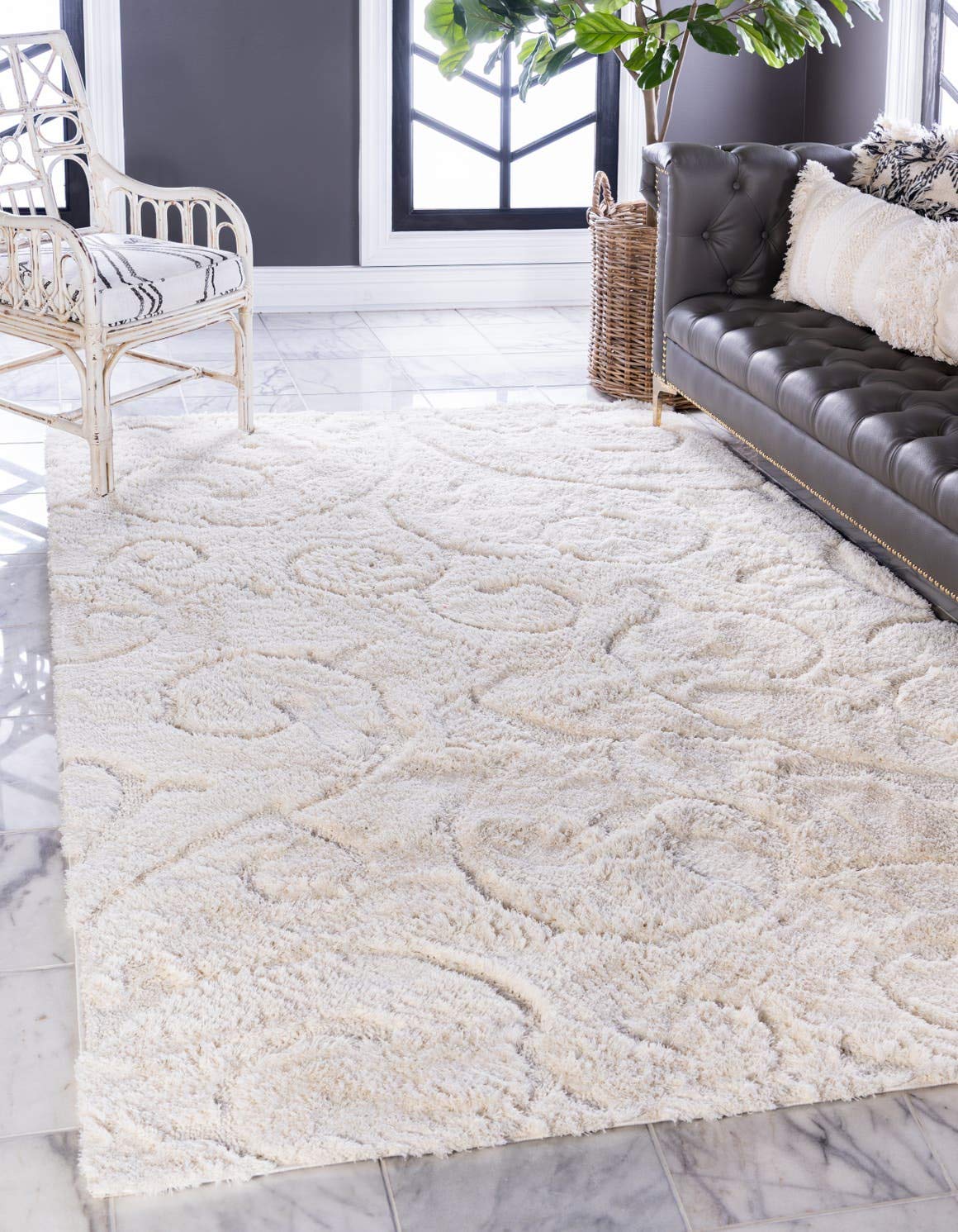 Unique Loom Floral Shag Collection Area Rug-Carved, 8 ft x 10 ft, Ivory