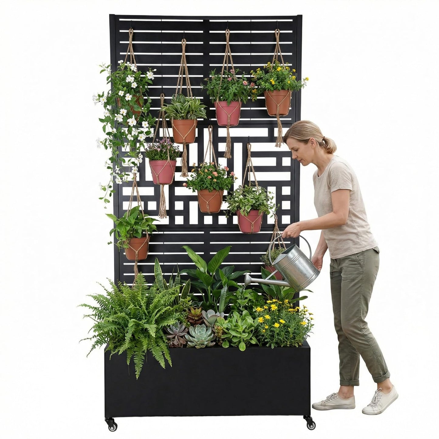 FASDRESS Metal Planter Box with Trellis Standing Planter Box for Climbing Plants/Vines Raised Garden Bed On Wheels 70.87x35.43x15.75 Inch (01)