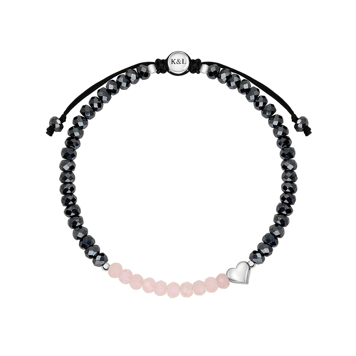 KARMA AND LUCK - Spiritual Love Women's Heart Chakra Real Rose Quartz Hematite 925 Sterling Silver Heart Charm Adjustable Drawstring Closure Bracelet Handmade with Love in Bali