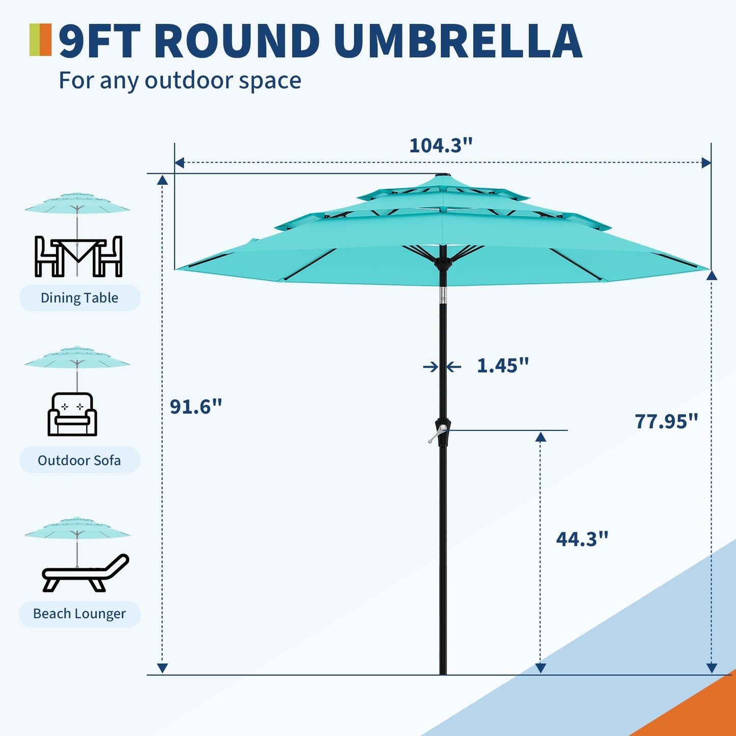 Garvee 9Ft Outdoor Patio Umbrella, 3-Tiers Market Umbrella with 8 Sturdy Ribs & Hand Crank, Outdoor Table Umbrella for Poolside, Beach, Garden(Blue)