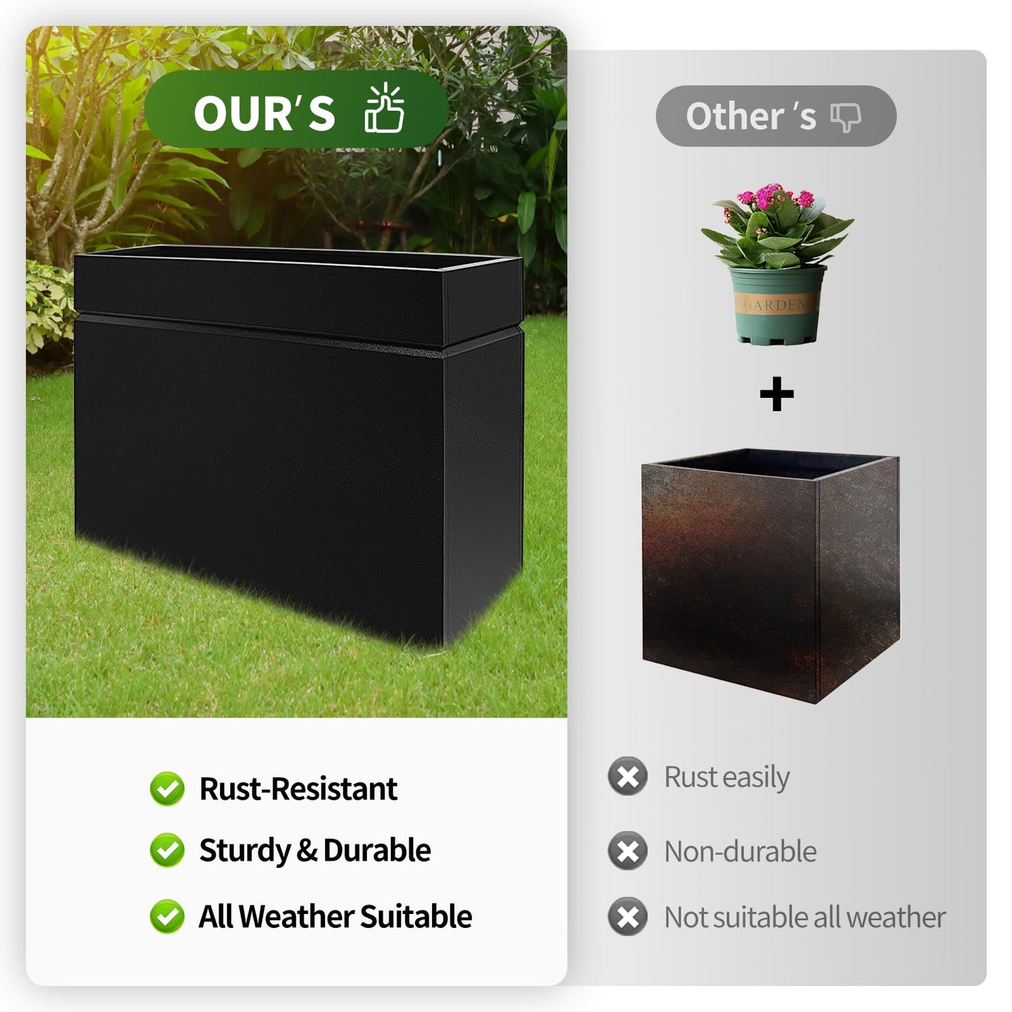 HONYTA Metal Rectangular Planter Box, Powder Coating Steel Large Planters 35" L x 9" W x 26" H with Drainage Hole, Indoor Outdoor All-Weather Use for Home, Porch, Patio, Garden(Black)