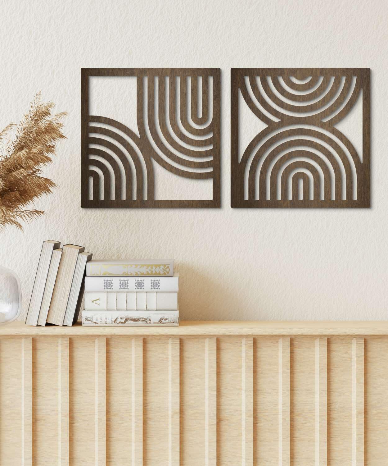 Putuo Decor Geometric Abstract Wall Art Set of 2, Modern Square Wooden Modern Arched Wall Decor for Living Room Bedroom Entryway, Minimalist Brown Wall Sculpture